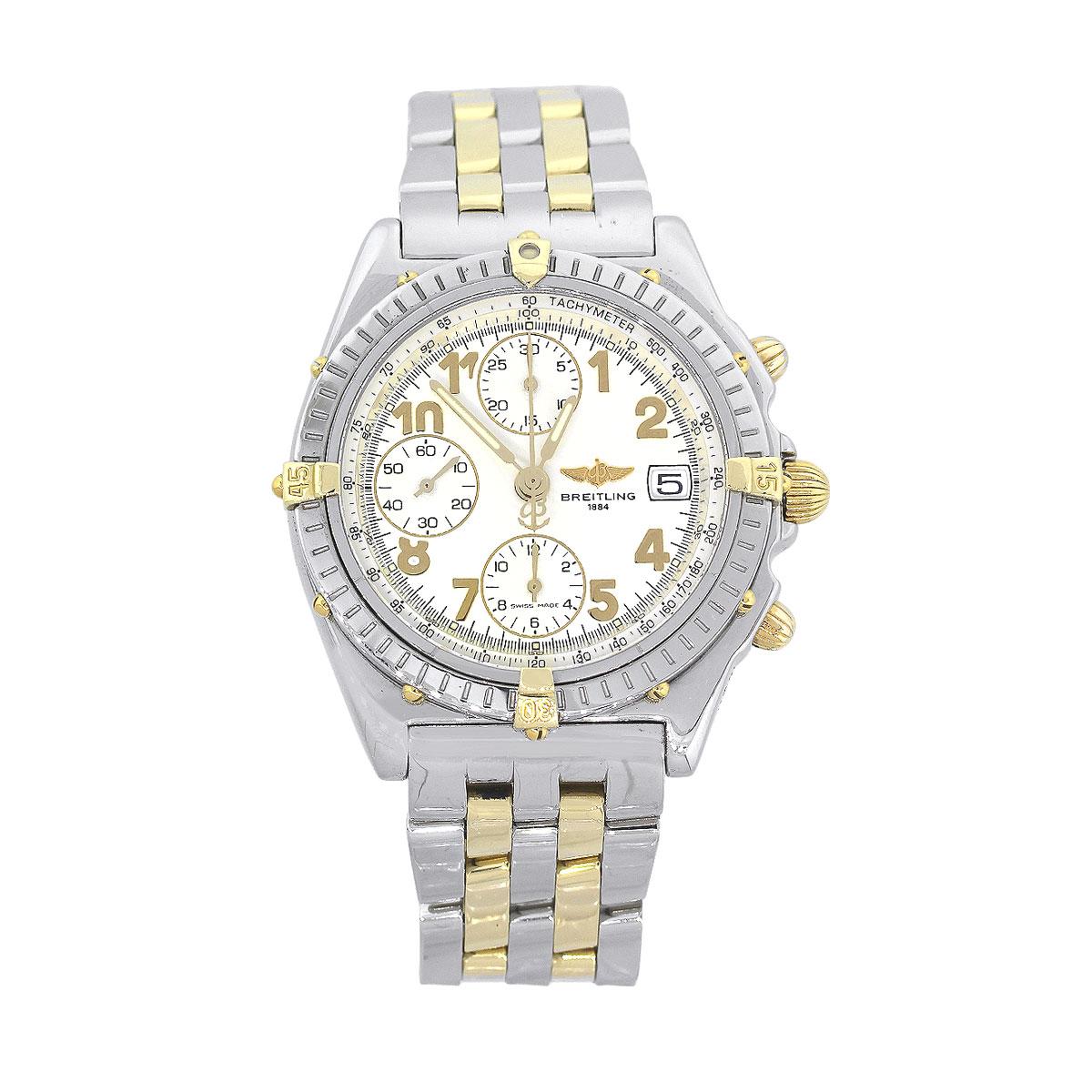 Brand: Breitling
MPN: B13050
Model: Chronomat
Case Material: Stainless Steel
Case Diameter: 40mm
Crystal: Sapphire crystal
Bezel: Two Tone unidirectional Bezel
Dial: White chronograph dial with yellow gold hands and numeral markers, 3 sub dials and