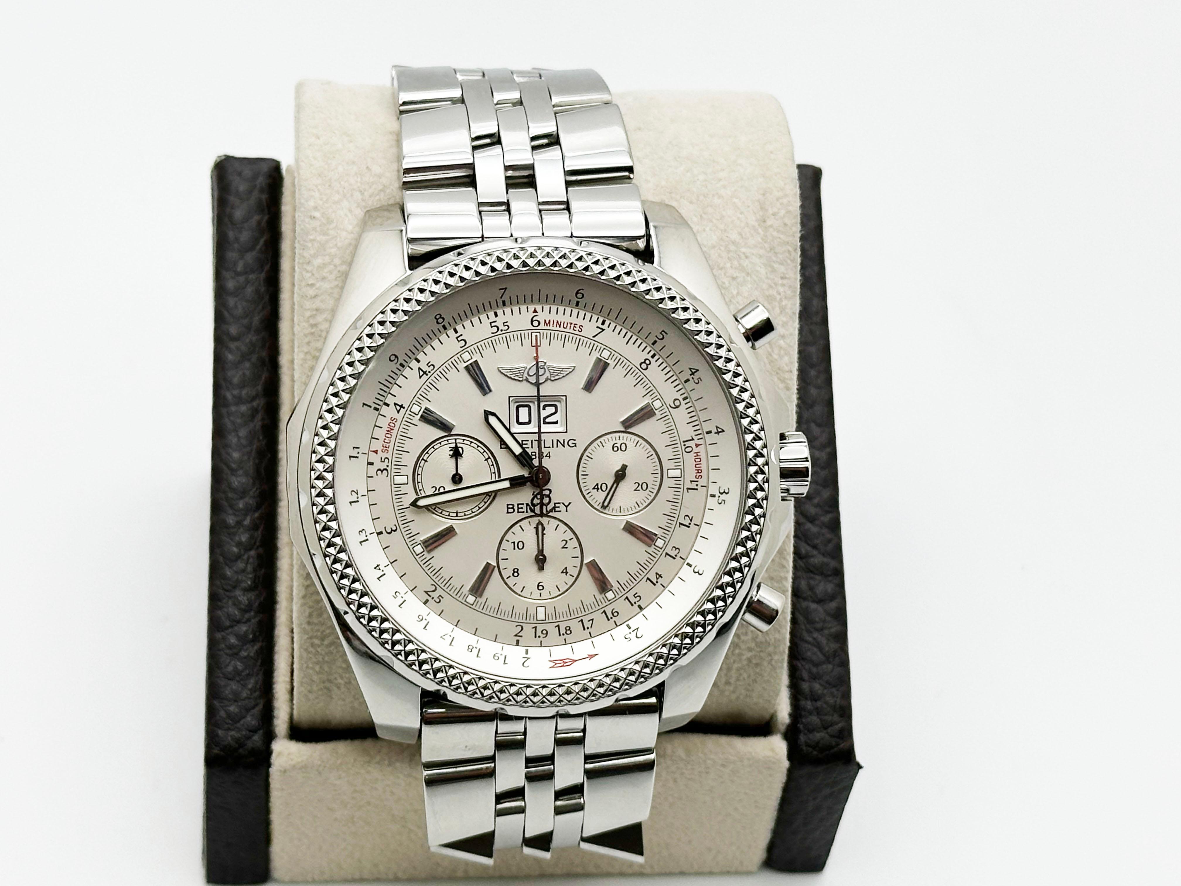 Style Number: A44362



Year: 2006

 

Model: Breitling for Bentley 6.75

 

Case Material: Stainless Steel 

 

Band: Stainless Steel 

 

Bezel: Stainless Steel 

 

Dial: Silver Dial 

 

Face: Sapphire Crystal 

 

Case Size: 48mm 

 

Includes: