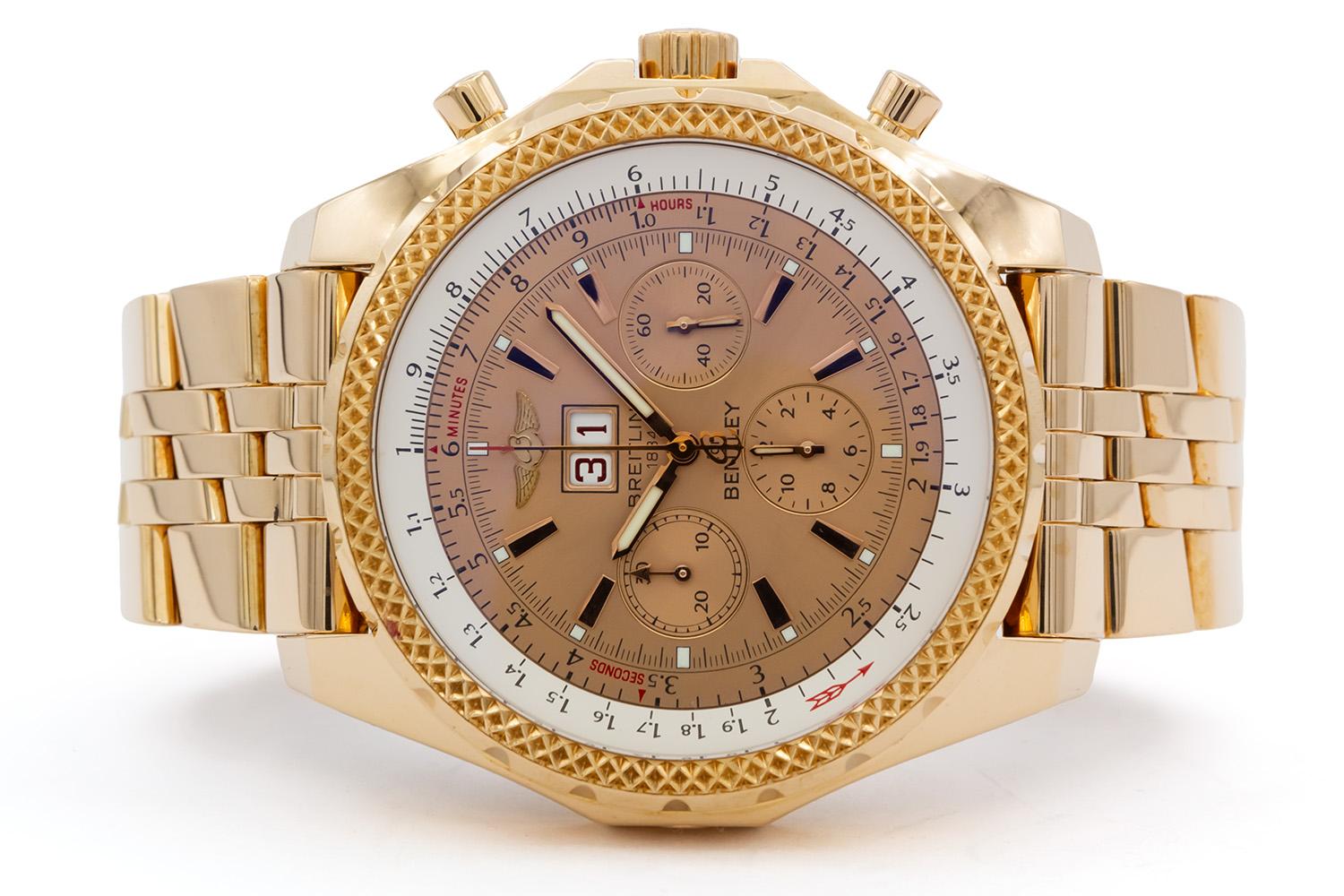 We are pleased to offer this 1997 Breitling Bentley 6.75. This watch features a 48mm solid 18k rose gold case, rose gold chronograph dial with white rotating inner bezel and rose gold sub dials, solid 18k rose gold Breitling pilots bracelet, case