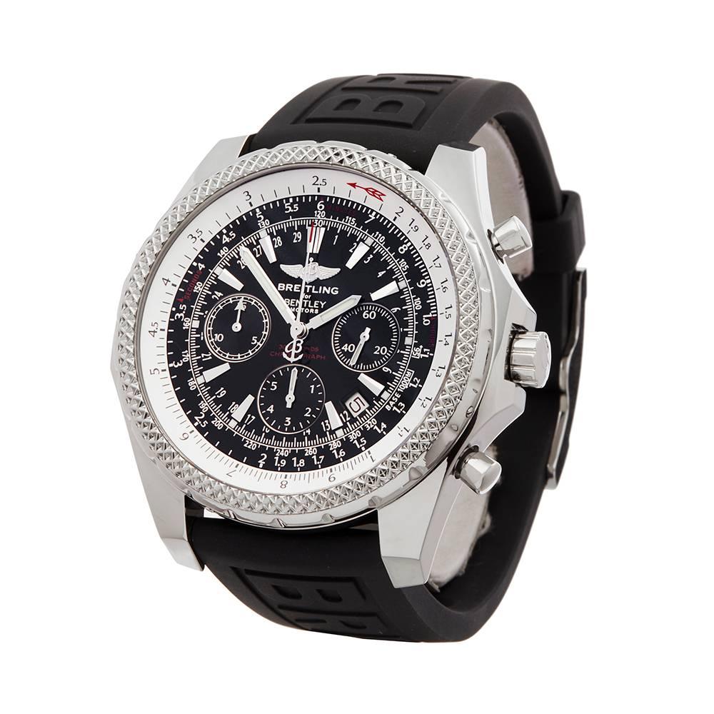 Ref: W5119
Manufacturer: Breitling
Model: Bentley
Model Ref: A25362B
Age: 9th October 2004
Gender: Mens
Complete With: Box, Manuals & Guarantee
Dial: Black Baton
Glass: Sapphire Crystal
Movement: Automatic
Water Resistance: To Manufacturers