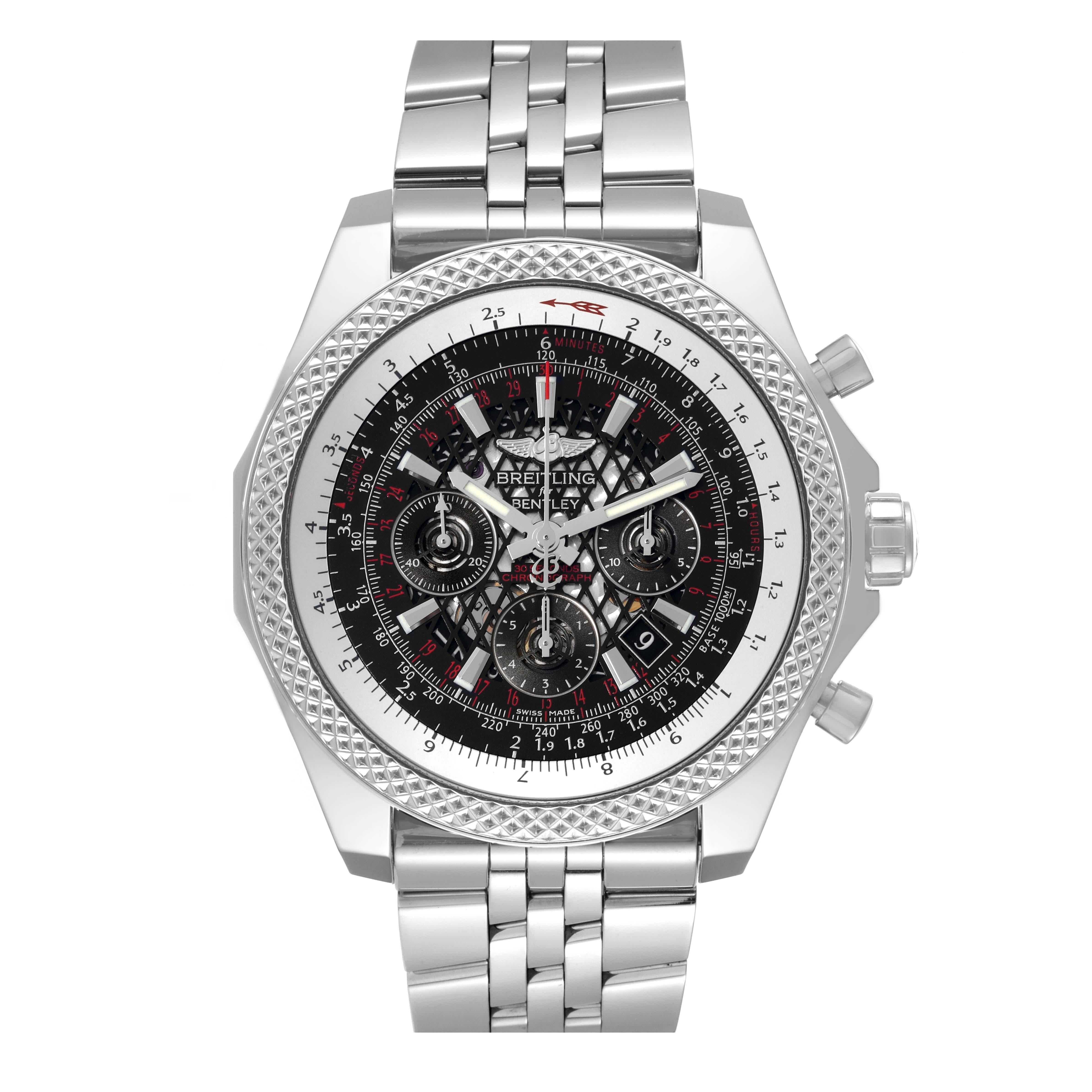 Breitling Bentley B06 Schwarzes Zifferblatt Chronograph Stahl Herrenuhr AB0611 Box Card. Automatisches, offiziell zertifiziertes Chronometerwerk mit Selbstaufzug. Chronographen-Funktion. Edelstahlgehäuse mit 49 mm Durchmesser, verschraubter Krone