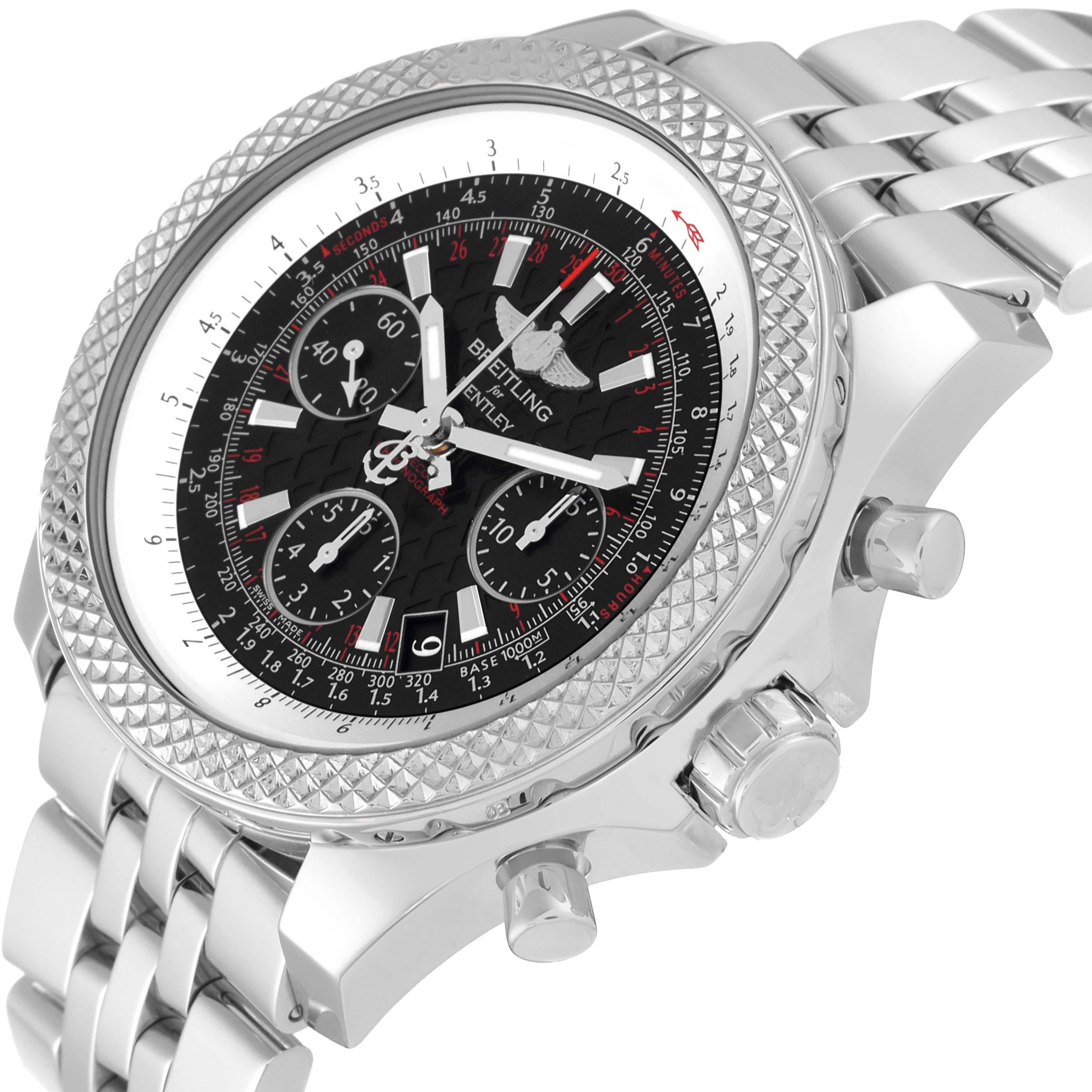 Breitling Bentley B06 Black Dial Chronograph Steel Mens Watch AB0612 Box Card. Self-winding automatic officially certified chronometer movement. Chronograph function. Stainless steel case 44 mm in diameter. Stainless steel screwed-down crown.