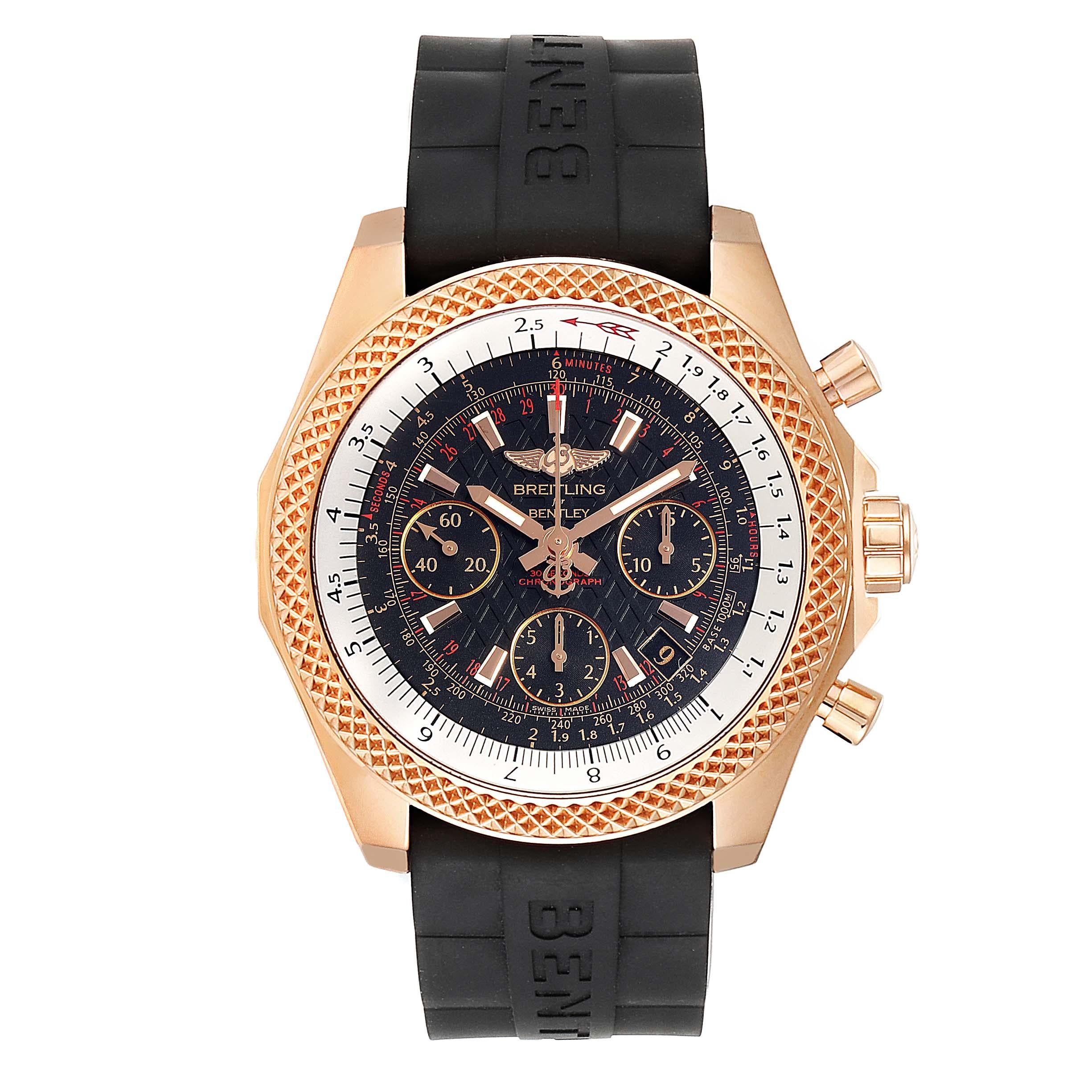 Breitling Bentley B06 Rose Gold Black Dial Mens Watch RB0612 Box Papers. Self-winding automatic officially certified chronometer movement. Chronograph function. 18K rose gold case 44 mm in diameter. Screwed-down crown and pushers. 18K rose gold