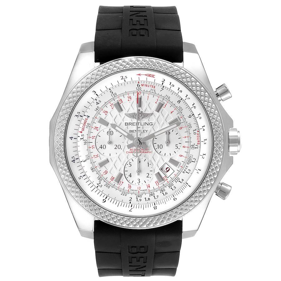 Breitling Bentley B06 Silver Dial Black Rubber Strap Watch AB0611 Box Card. Self-winding automatic officially certified chronometer movement. Chronograph function. Stainless steel case 49 mm in diameter. Stainless steel screwed-down crown and