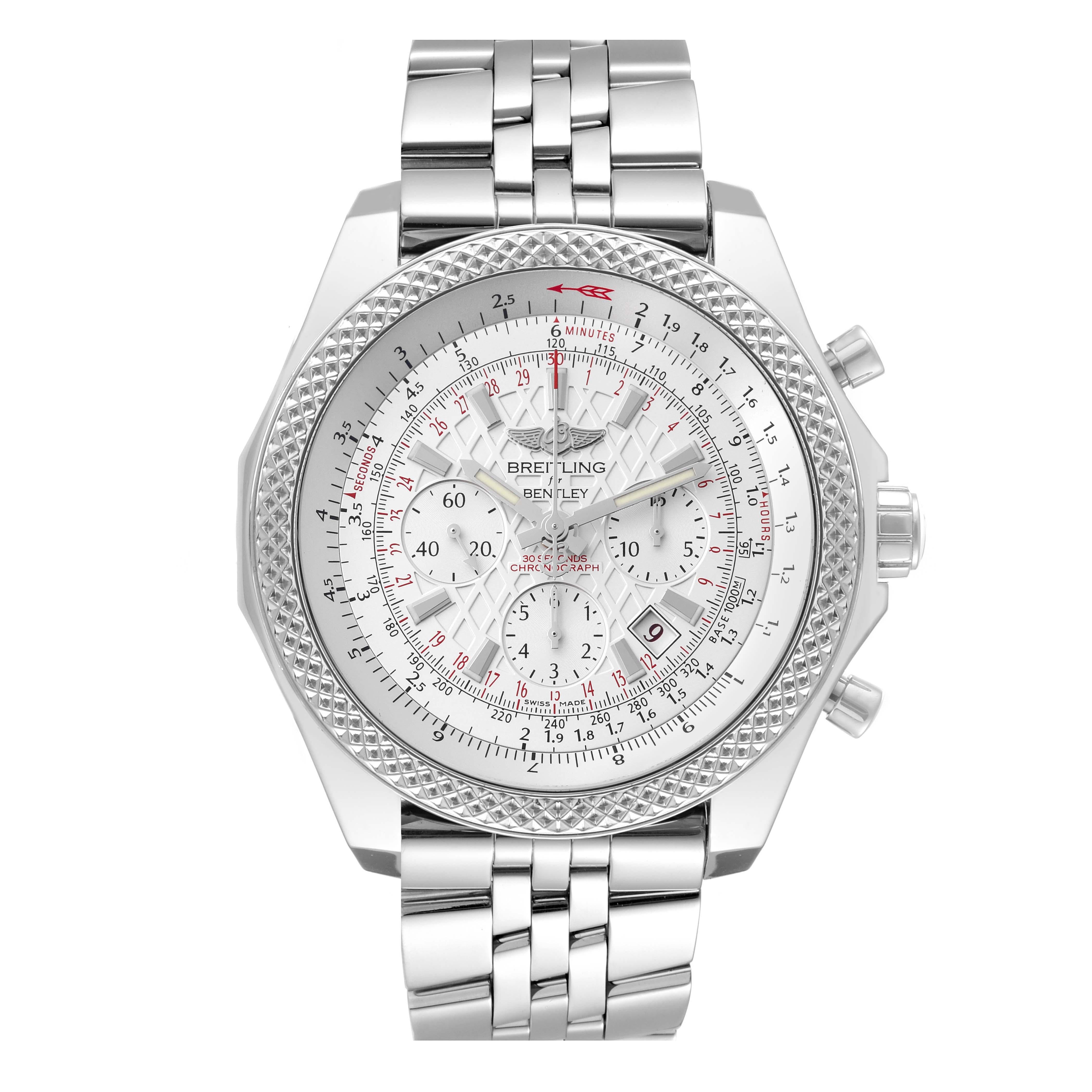Breitling Bentley B06 Silver Dial Steel Mens Watch AB0611 Box Card. Self-winding automatic officially certified chronometer movement. Chronograph function. Stainless steel case 49 mm in diameter. Stainless steel screwed-down crown and pushers.