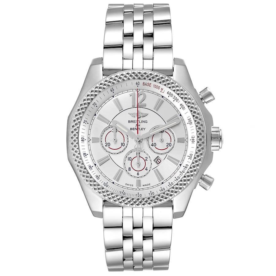 Breitling Bentley Barnato 42 Chronograph Silver Dial Watch A41390 Box Papers. Automatic self-winding officially certified chronometer movement. Chronograph function. Stainless steel case 42.0 mm in diameter.   Case thickness: 14.8 mm. Stainless