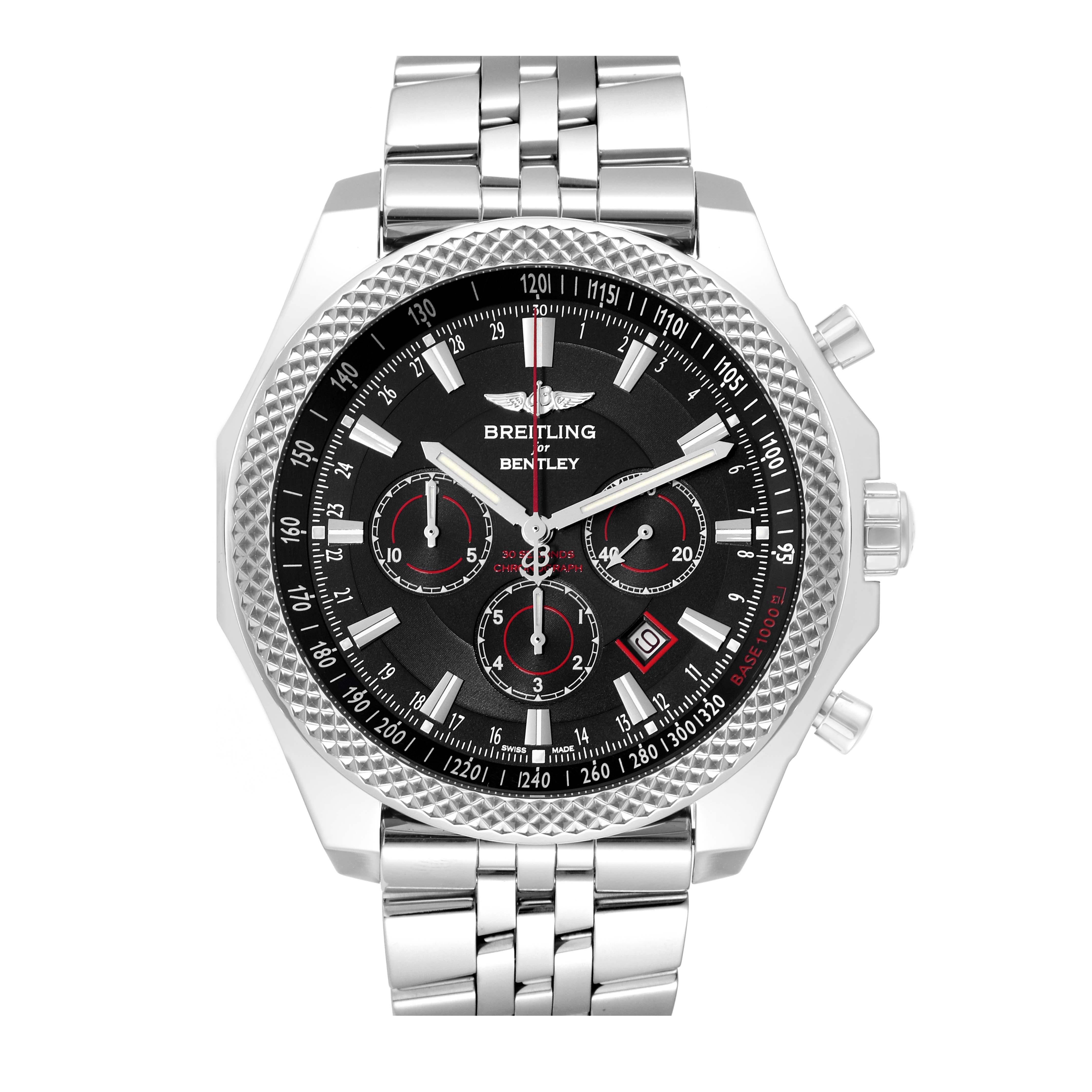 Breitling Bentley Barnato 49mm Steel Mens Watch A25368 Box Papers. Automatic self-winding officially certified chronometer movement. Chronograph function. Stainless steel case 49.0 mm in diameter. Stainless steel pushers and screwed-down crown.