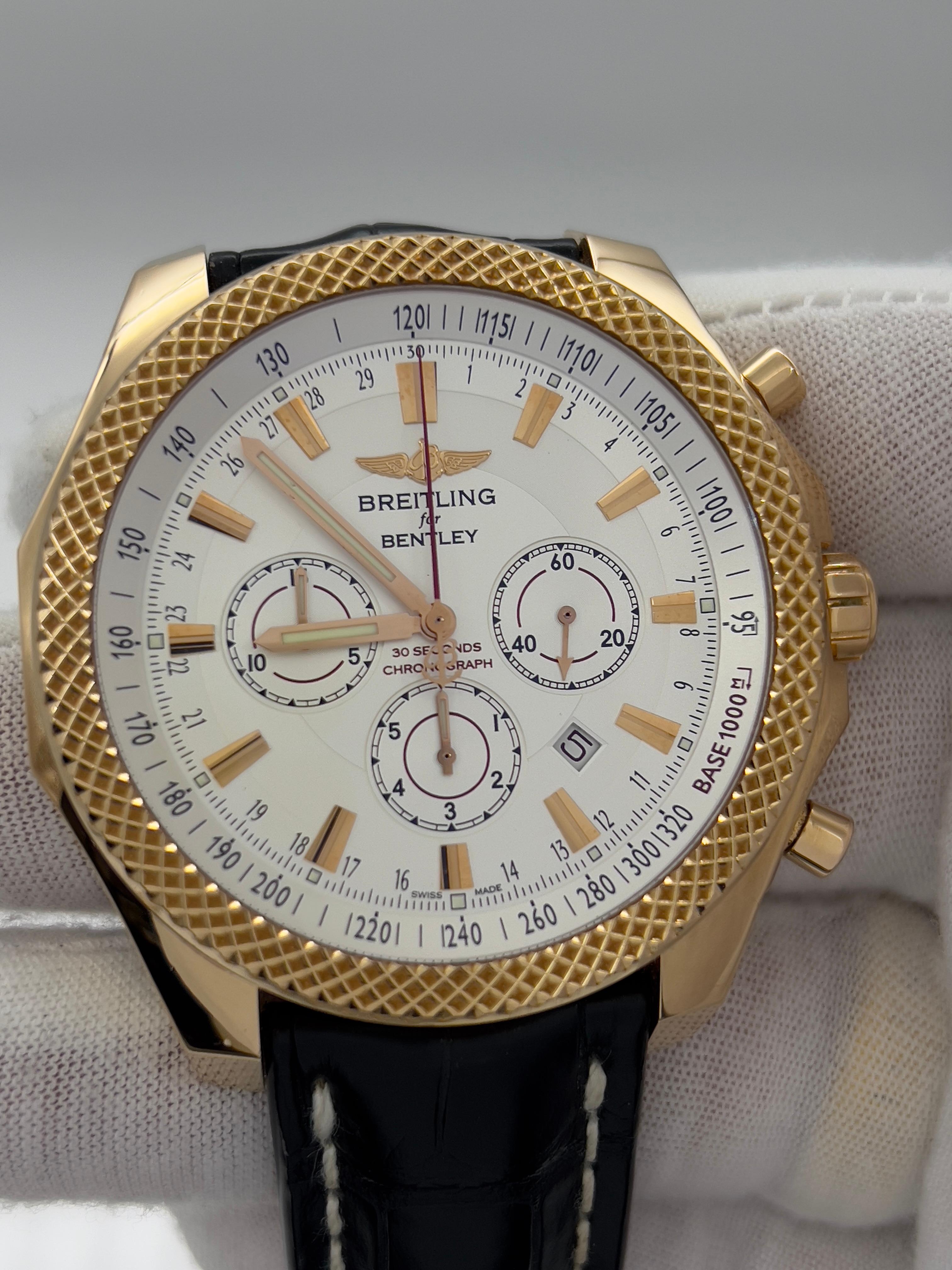 Breitling Bentley Barnato R25368 49mm 18K Rose Gold Leather Strap Box In Excellent Condition For Sale In San Diego, CA