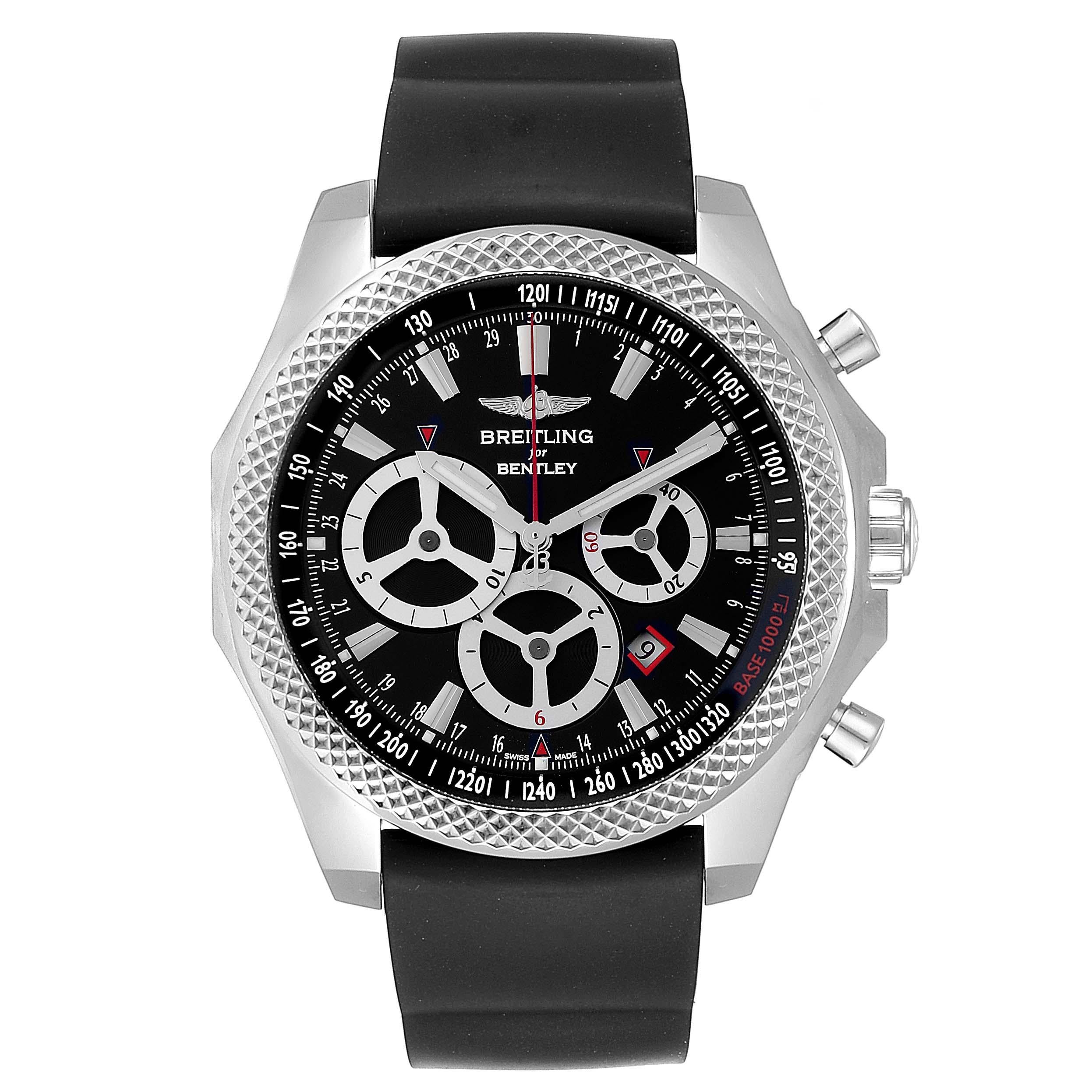 Breitling Bentley Barnato Racing Black Dial Mens Watch A25366. Automatic self-winding officially certified chronometer movement. Chronograph function. Stainless steel case 49.0 mm in diameter. Stainless steel screwed-down crown and pushers.