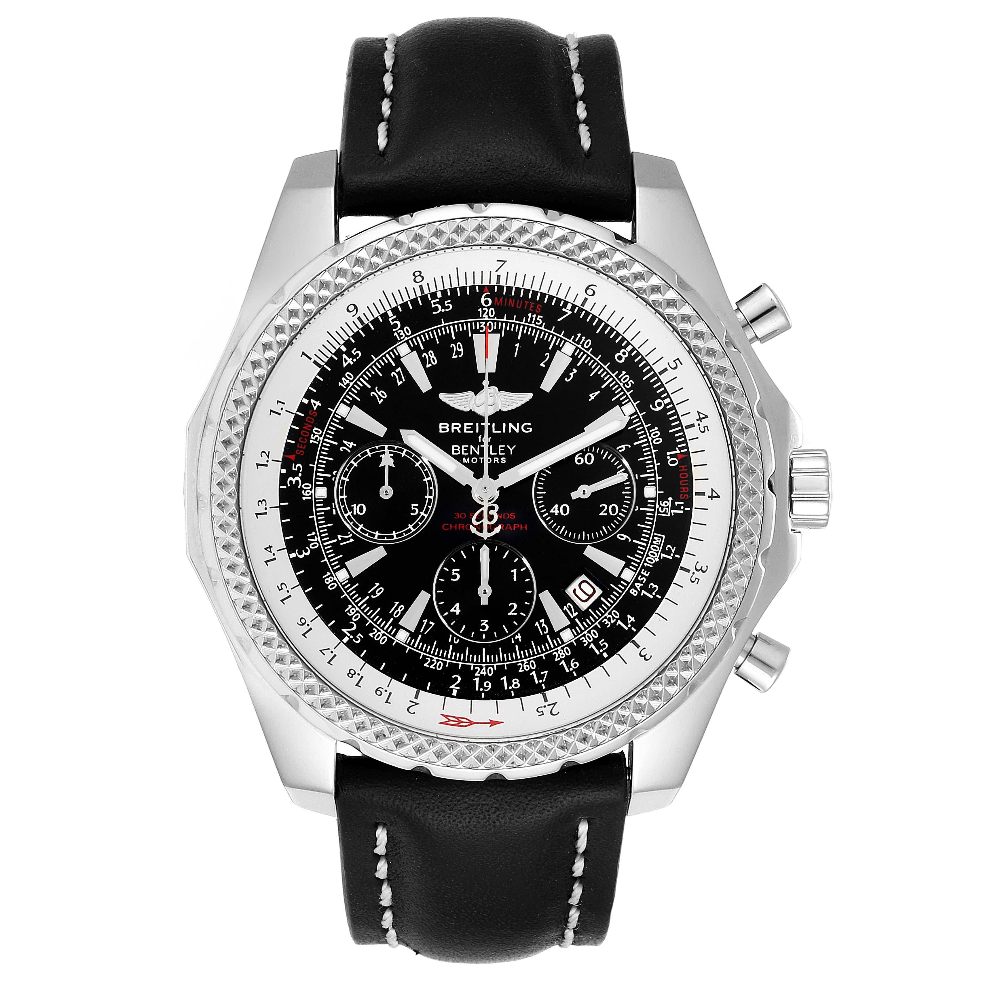 Breitling Bentley Black Dial Chronograph Steel Mens Watch A25362. Automatic self-winding officially certified chronometer movement. Chronograph function. Stainless steel case 49 mm in diameter. Stainless steel screwed-down crown and pushers. Screw