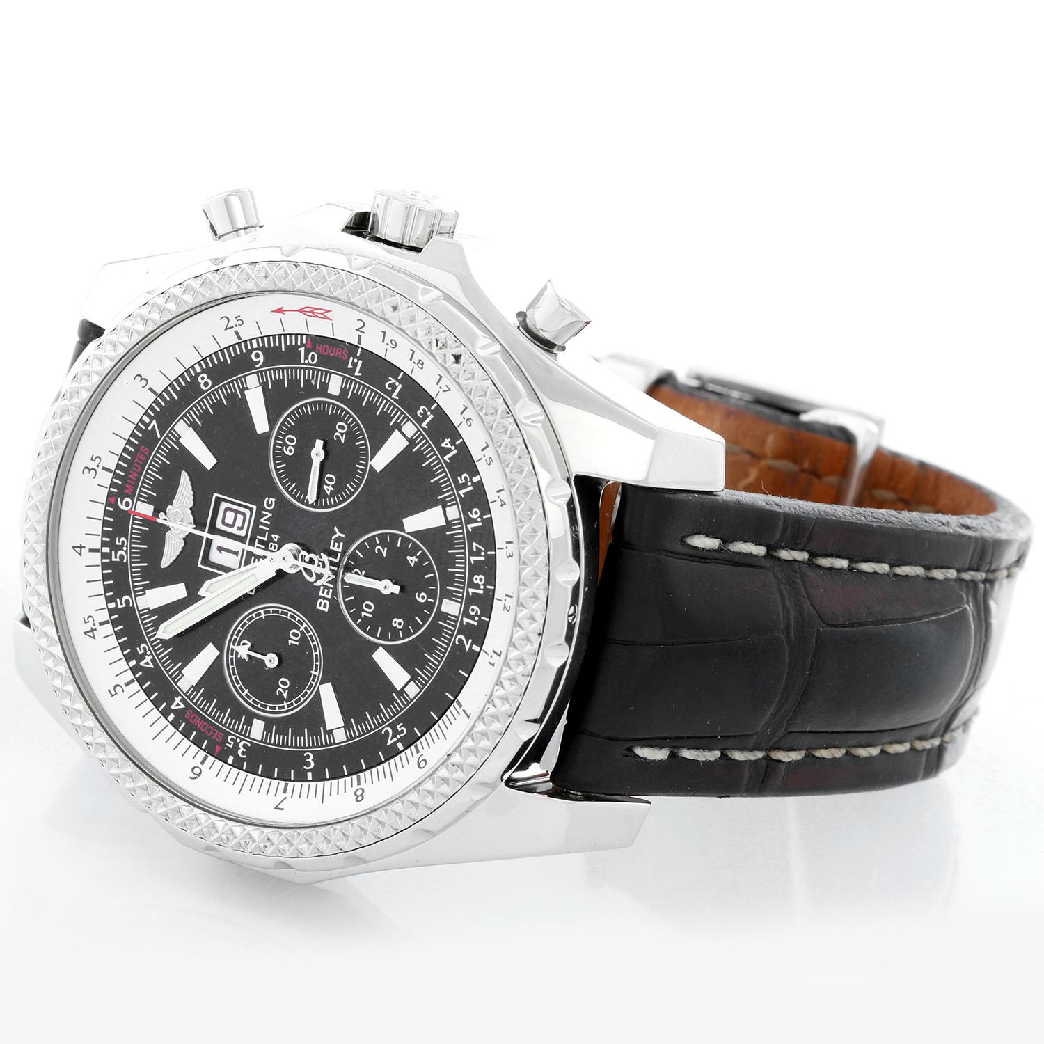 Breitling Bentley Chronograph Men's Steel Watch Black Dial A44362 - Automatic winding chronograph. Stainless steel case with rotating tachymeter bezel (49mm diameter). Black dial with hour, minute and seconds recorders and big date . Black Breitling