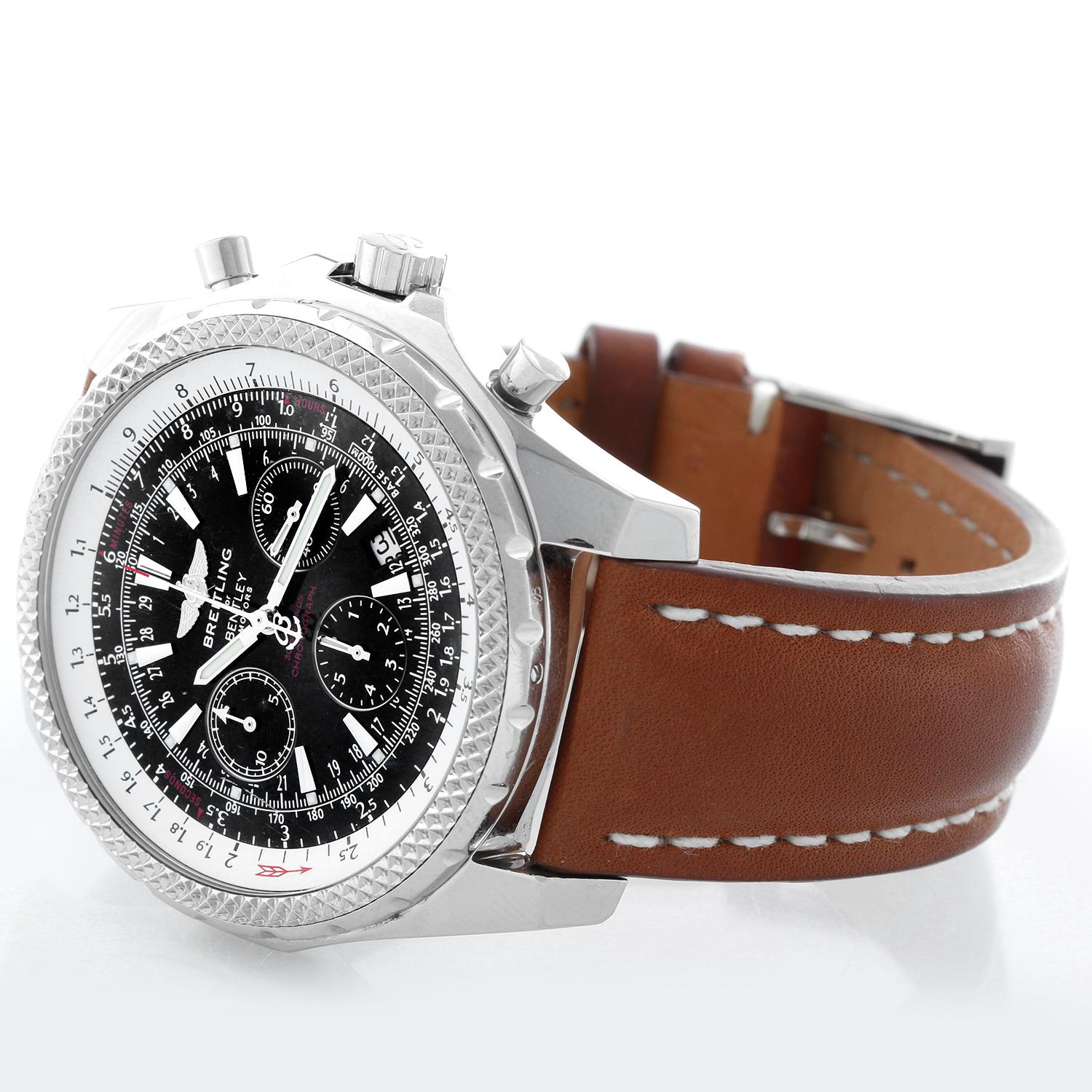 Breitling Bentley Chronograph Men's Steel Watch Black Dial - Automatic winding chronograph. Stainless steel case with rotating tachymeter bezel ( 50 mm ) . Black dial with hour, minute and seconds recorders and big date. Breitling Brown leather