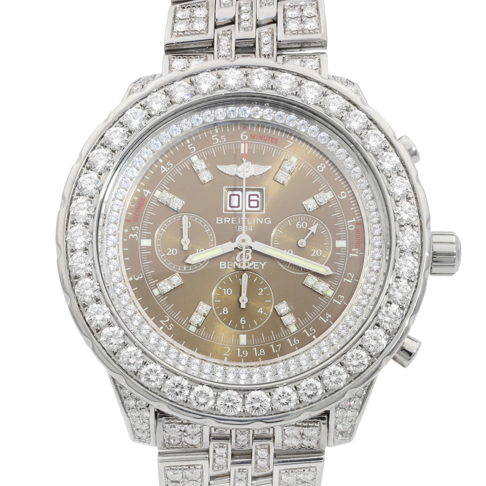 This pre-owned Breitling Bentley  A44362 is a beautiful men's timepiece that is powered by mechanical (automatic) movement which is cased in a stainless steel case. It has a round shape face, chronograph, date indicator, diamonds, small seconds