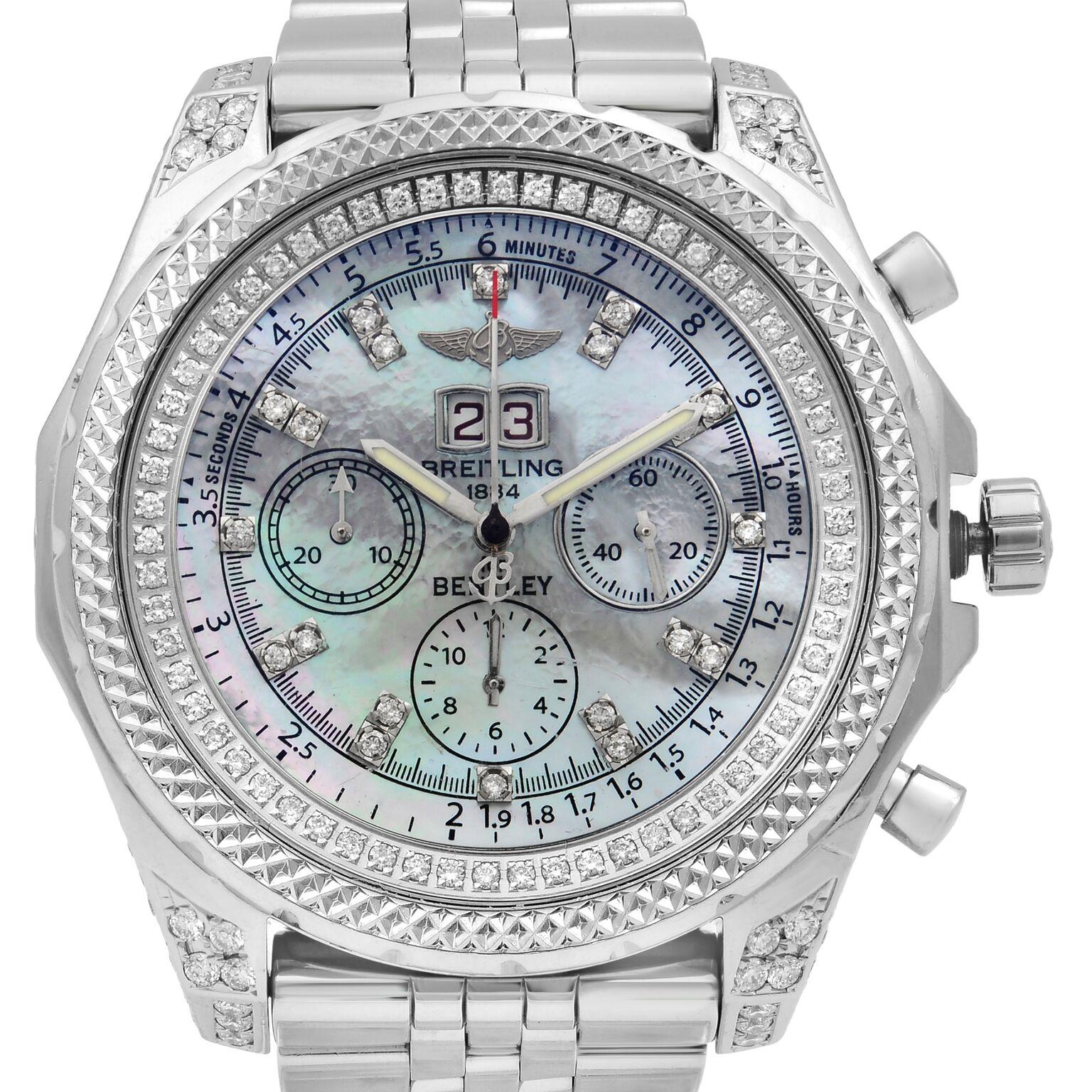 This pre-owned Breitling Bentley Motors A44362 is a beautiful men's timepiece that is powered by a mechanical (automatic) movement which is cased in a stainless steel case. It has a round shape face, chronograph, chronograph hand, date indicator,