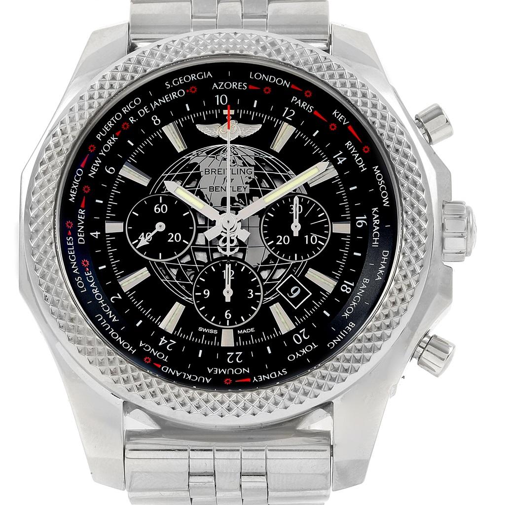 Breitling Bentley GMT B05 Unitime Black Dial Mens Watch AB0521. Self-winding automatic officially certified chronometer movement. Chronograph function. Stainless steel case 49.0 mm in diameter. Stainless steel screwed-down crown and pushers. Screw