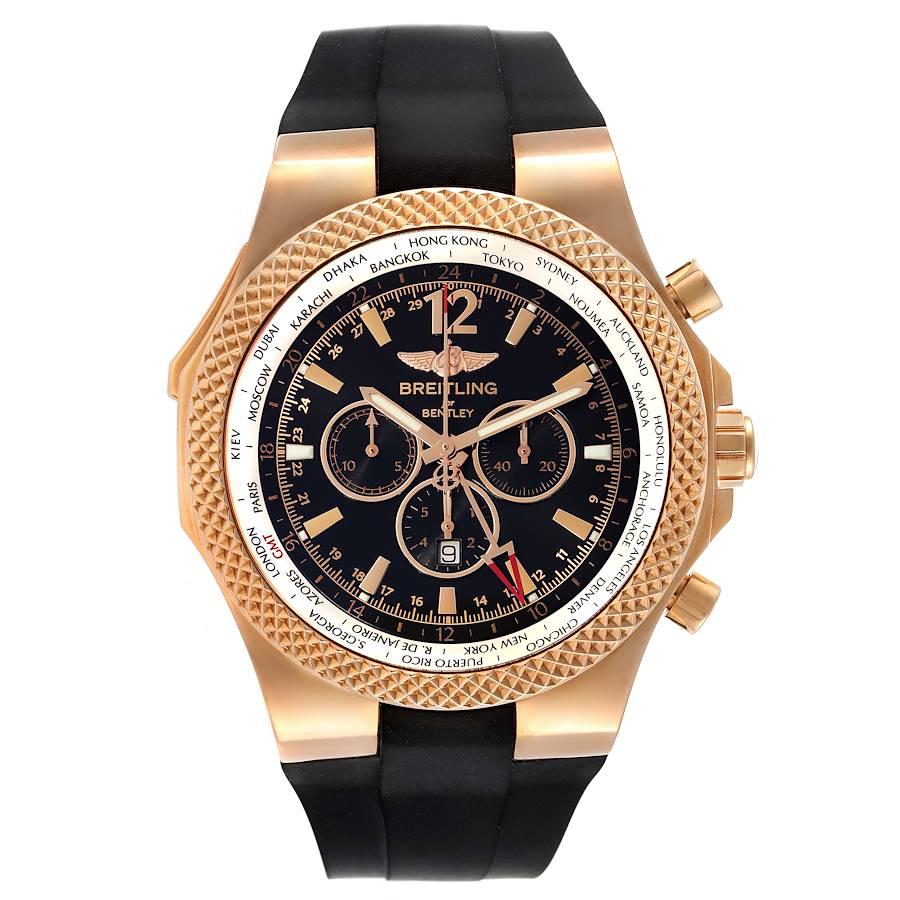 Breitling Bentley GMT schwarzes Zifferblatt Rose Gold Herrenuhr R47362 Box Card. Automatisches Chronometerwerk mit automatischem Aufzug, offiziell zertifiziert. Chronographenfunktion. Gehäuse aus 18 Karat Roségold mit einem Durchmesser von 49,0 mm.