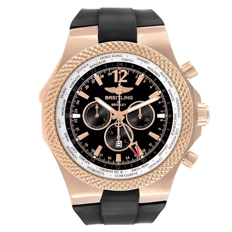 Breitling Bentley GMT Black Dial Rose Gold Mens Watch R47362. Automatic self-winding officially certified chronometer movement. Chronograph function. 18k rose gold case 49.0 mm in diameter. 18 Rose gold knurled bezel. Scratch resistant sapphire