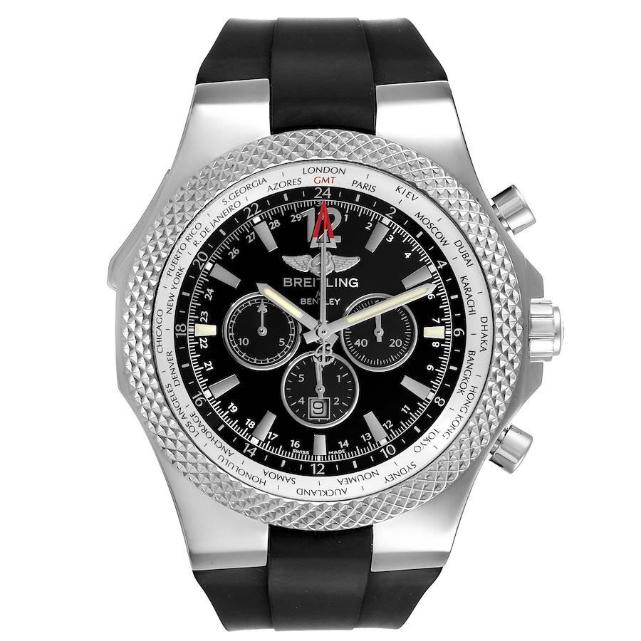 Breitling Bentley GMT Black Dial Steel Mens Watch A47362 Box Papers. Automatic self-winding officially certified chronometer movement. Chronograph function. Stainless steel case 49.0 mm in diameter. Stainless steel knurled bezel. Scratch resistant