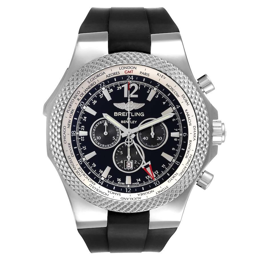 Breitling Bentley GMT Black Dial Steel Mens Watch A47362 Box Papers. Automatic self-winding officially certified chronometer movement. Chronograph and GMT functions. Stainless steel case 49.0 mm in diameter. Stainless steel bi-directional rotating