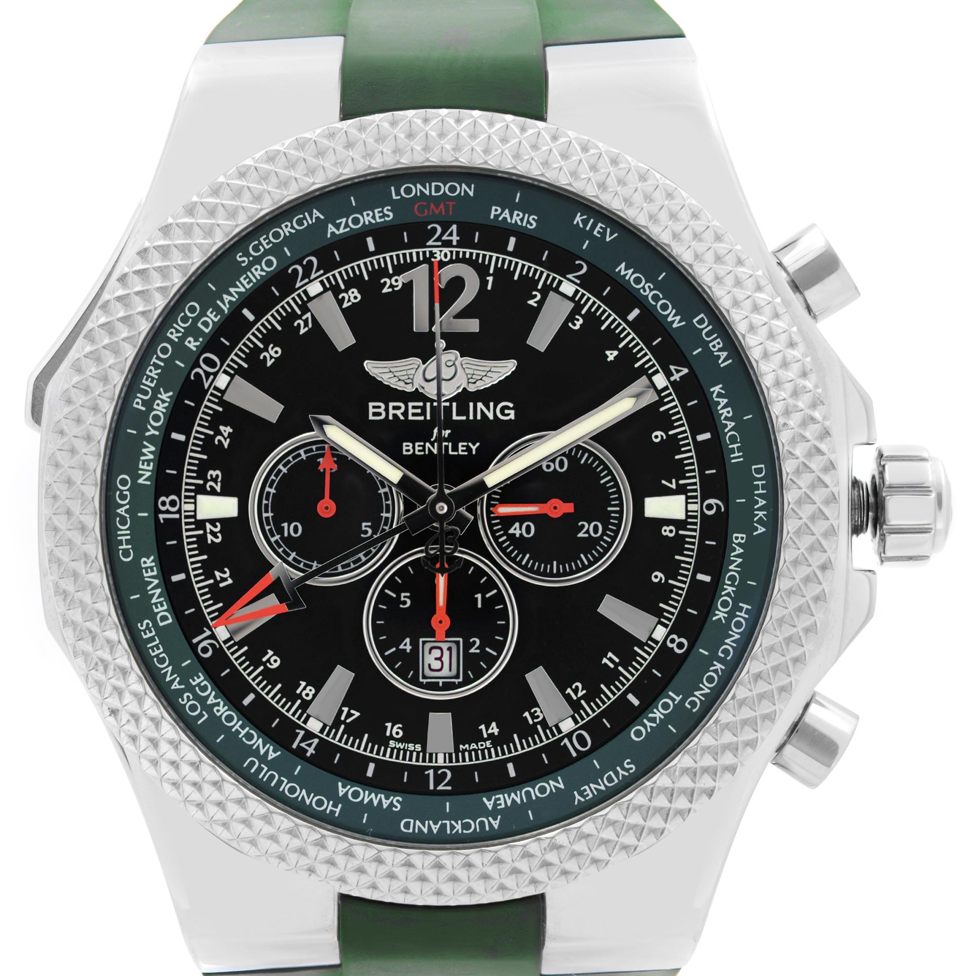 Pre Owned Breitling Bentley GMT 49mm British Racing Green Limited Edition Black Dial Automatic Men's Watch A47362S4.B919-214S. This Beautiful Timepiece Features: Stainless Steel Case with an Olive Green Rubber Strap, Bi-Directional Stainless Steel