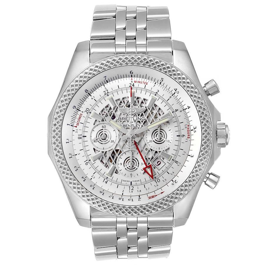 Breitling Bentley GMT Chronograph Silber Zifferblatt Uhr AB0431 Box Papiere. Automatisches Chronometerwerk mit automatischem Aufzug, offiziell zertifiziert. Chronographen-Funktion. Gehäuse aus rostfreiem Stahl mit einem Durchmesser von 49 mm.