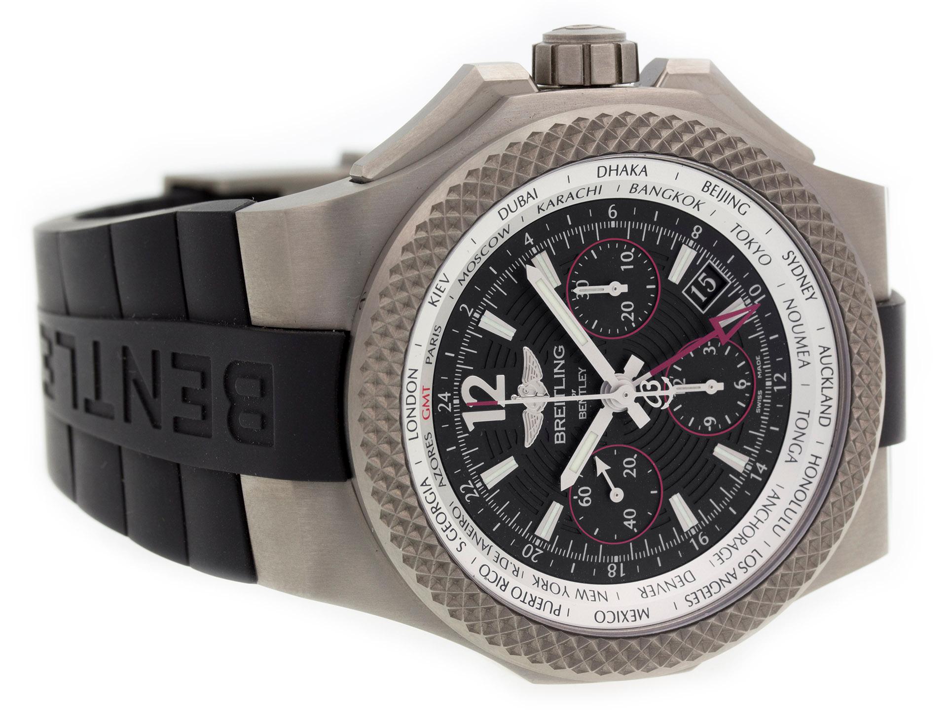 Titanium Breitling Bentley GMT EB043335/BD78 watch, water resistant to 100m, with date, chronograph, and rubber strap.

Watch	
Brand:	Breitling
Series:	Bentley GMT
Model #:	EB043335/BD78
Gender:	Men’s
Condition:	Great Display Model, Tiny Marks Under