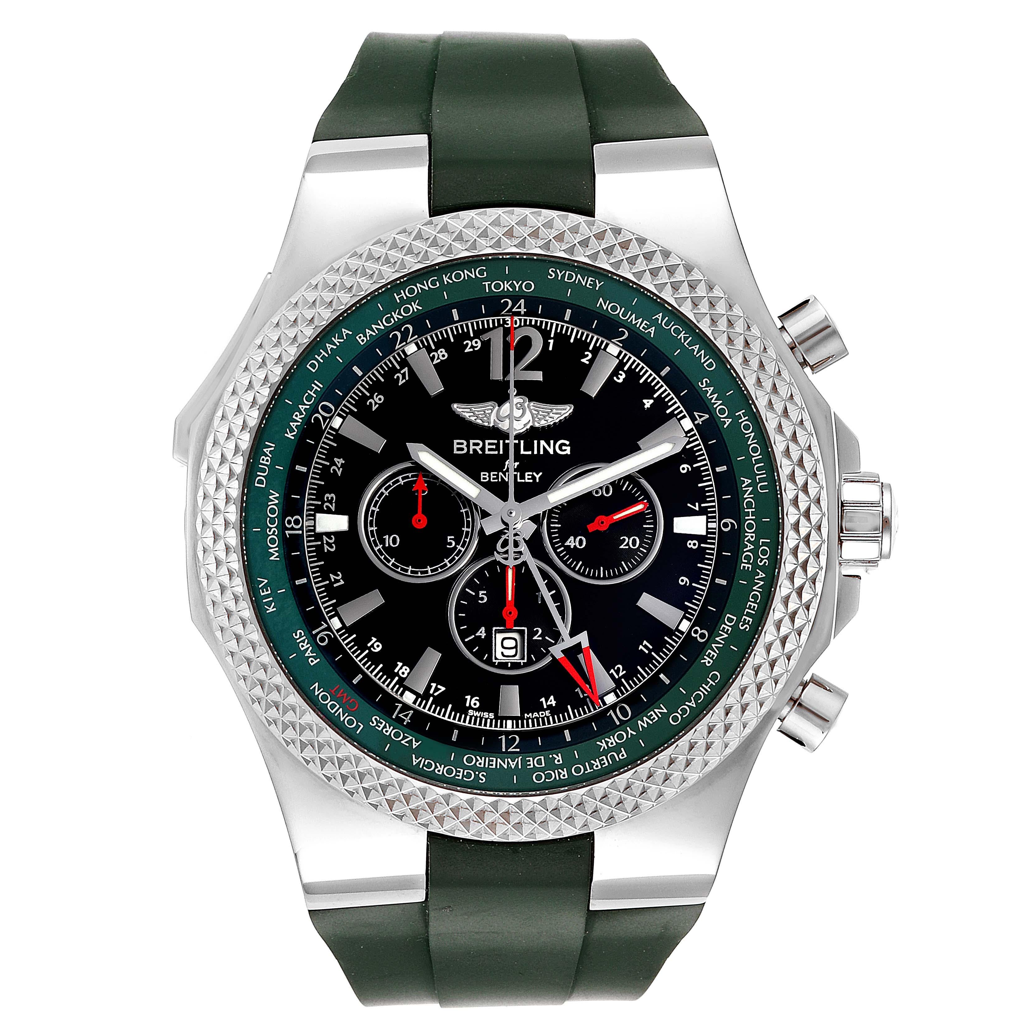 Breitling Bentley GMT Green Strap Limited Edition Watch A47362 Box Papers. Automatic self-winding officially certified chronometer movement. Chronograph function. Stainless steel round case 49.0 mm in diameter. Case thickness 16.4 mm. Quick set