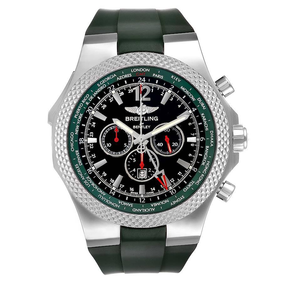 Breitling Bentley GMT Green Strap Limited Edition Watch A47362 Box Papers. Automatic self-winding officially certified chronometer movement. Chronograph function. Stainless steel round case 49.0 mm in diameter. Case thickness 16.4 mm. Quick set