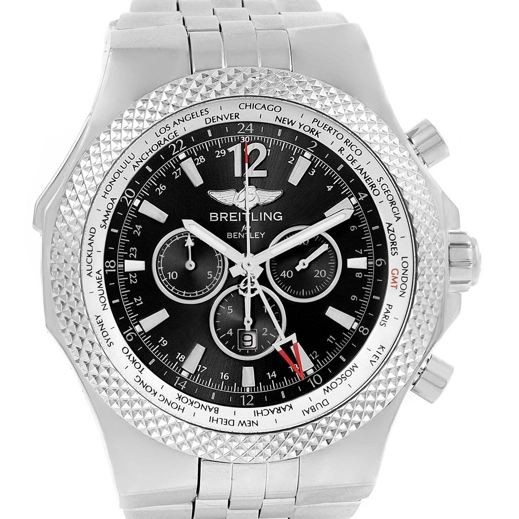 Breitling Bentley GMT Grey Dial Chronograph Steel Mens Watch A47362. Automatic self-winding officially certified chronometer movement. Chronograph function. Stainless steel case 49.0 mm in diameter. Stainless steel bidirectional rotating bezel.