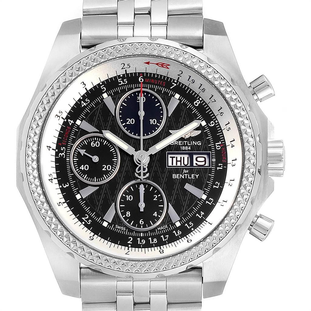 Breitling Bentley GT Black Dial Steel Mens Watch A13363 Box Papers. Self-winding automatic officially certified chronometer movement. Chronograph function. Stainless steel case 44.8 mm in diameter. Stainless steel screwed-down crown and pushers.