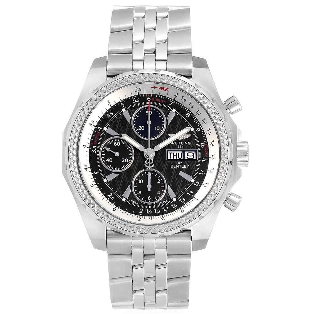 Breitling Bentley GT Black Dial Steel Men’s Watch A13363 Box Papers In Excellent Condition For Sale In Atlanta, GA