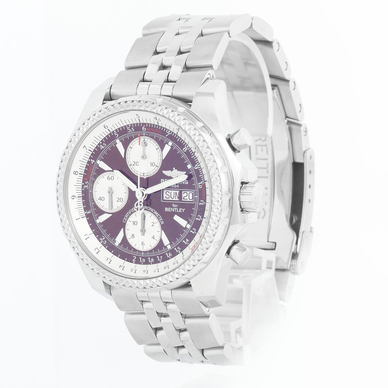 Breitling Bentley GT Men's Chronograph Watch A1336313/K506 - Automatic winding chronograph with date. Stainless steel case with rotating bezel ( 46 mm). Burgundy dial with hour, minute and seconds recorders; day and date at 3 o'clock. Stainless