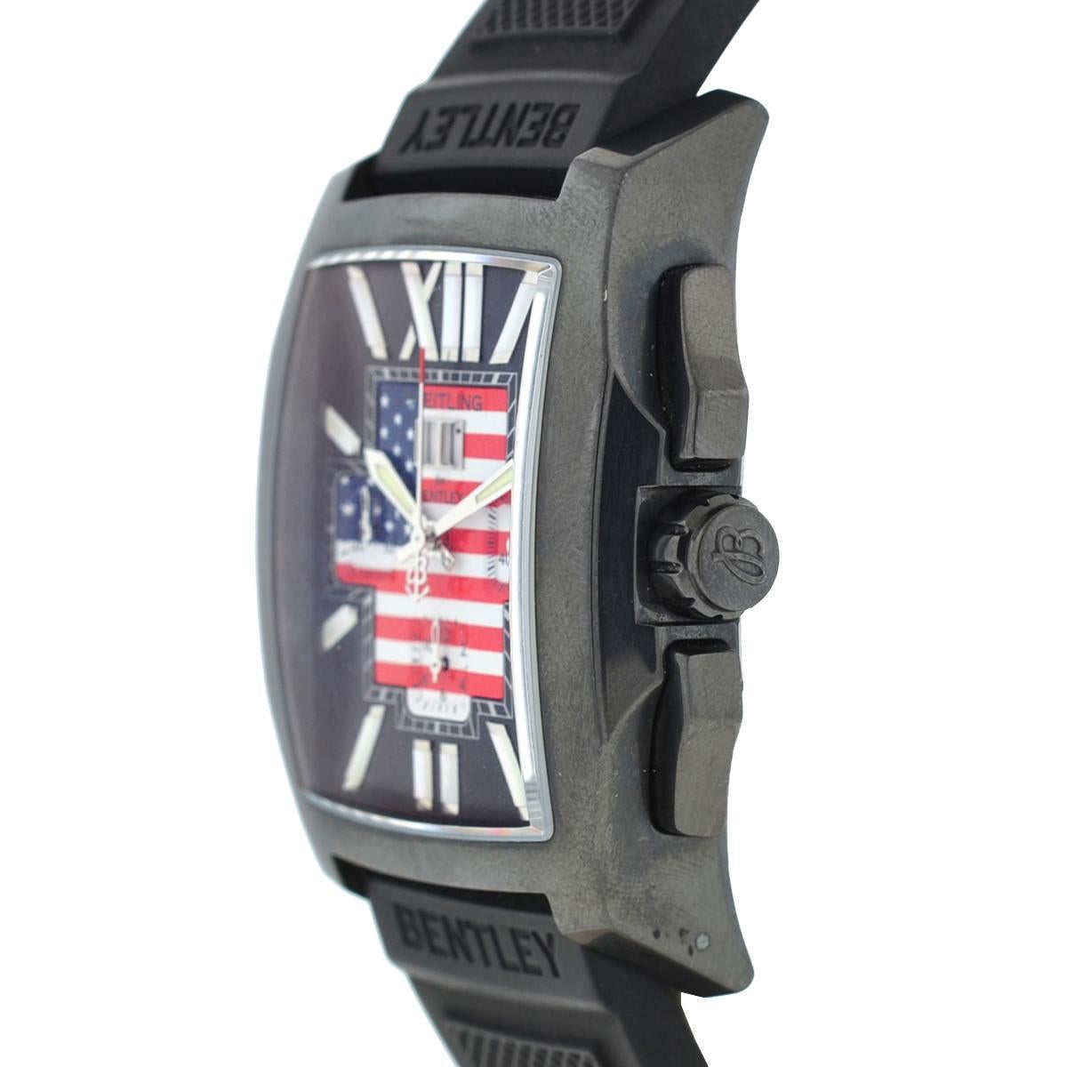 Company-Breitling for Bentley
Style-Luxury Watch
Model-United we Stand
Reference Number-M44365
Case Metal-PVD Stainless Steel
Case Measurement-40 mm x 45 mm
Bracelet-Rubber 
Dial-American Flag 
Bezel-PVD Stainless Steel 
Crystal-Scratch Resistant