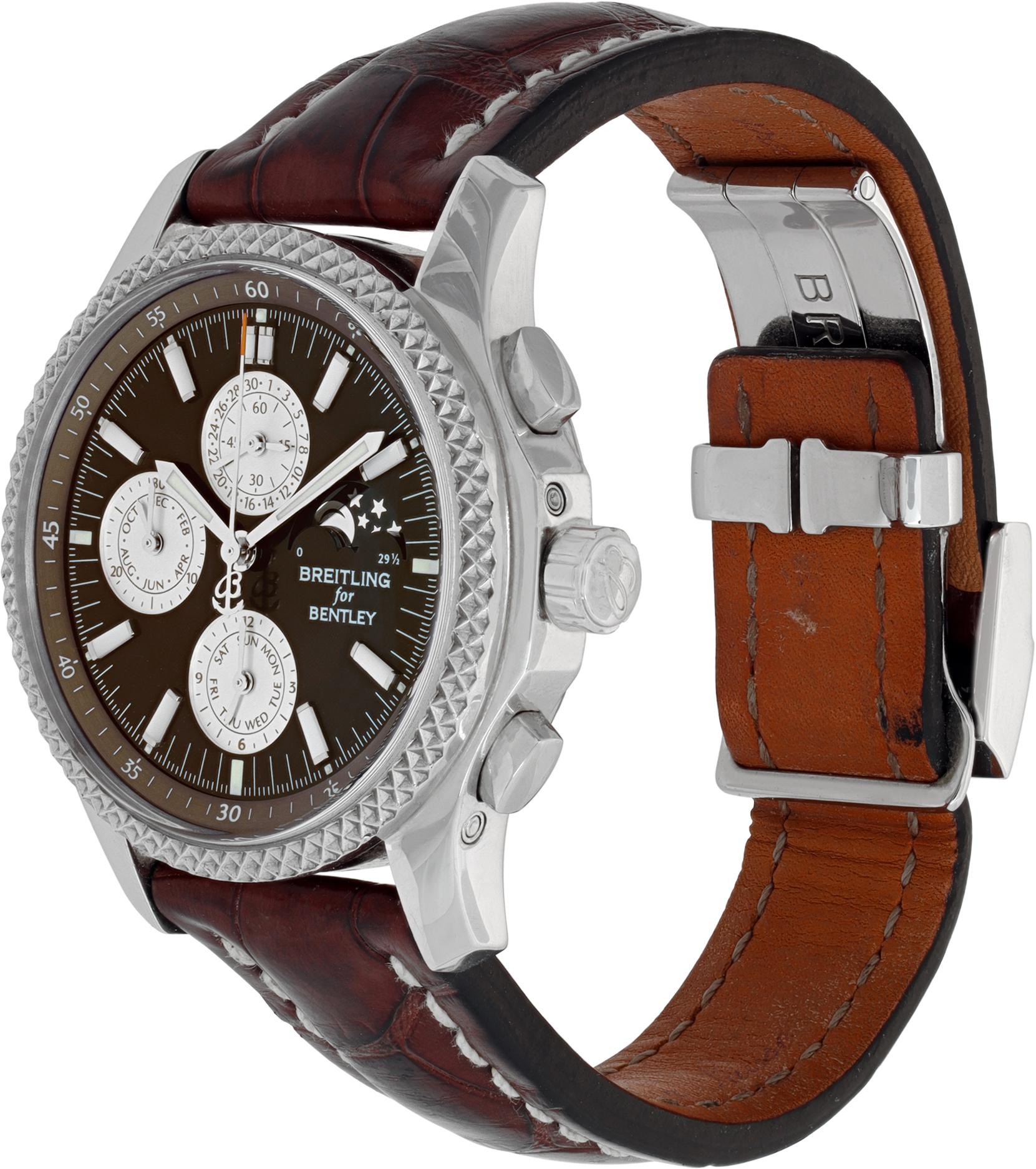 Breitling Bentley Mark VI Complications 19 Chronograph in stainless steel with platinum bezel with copper dial on leather strap. Auto w/ subseconds, date, day, month, moonphase and chronograph. 42 mm case size. With box and papers. Fine Pre-owned