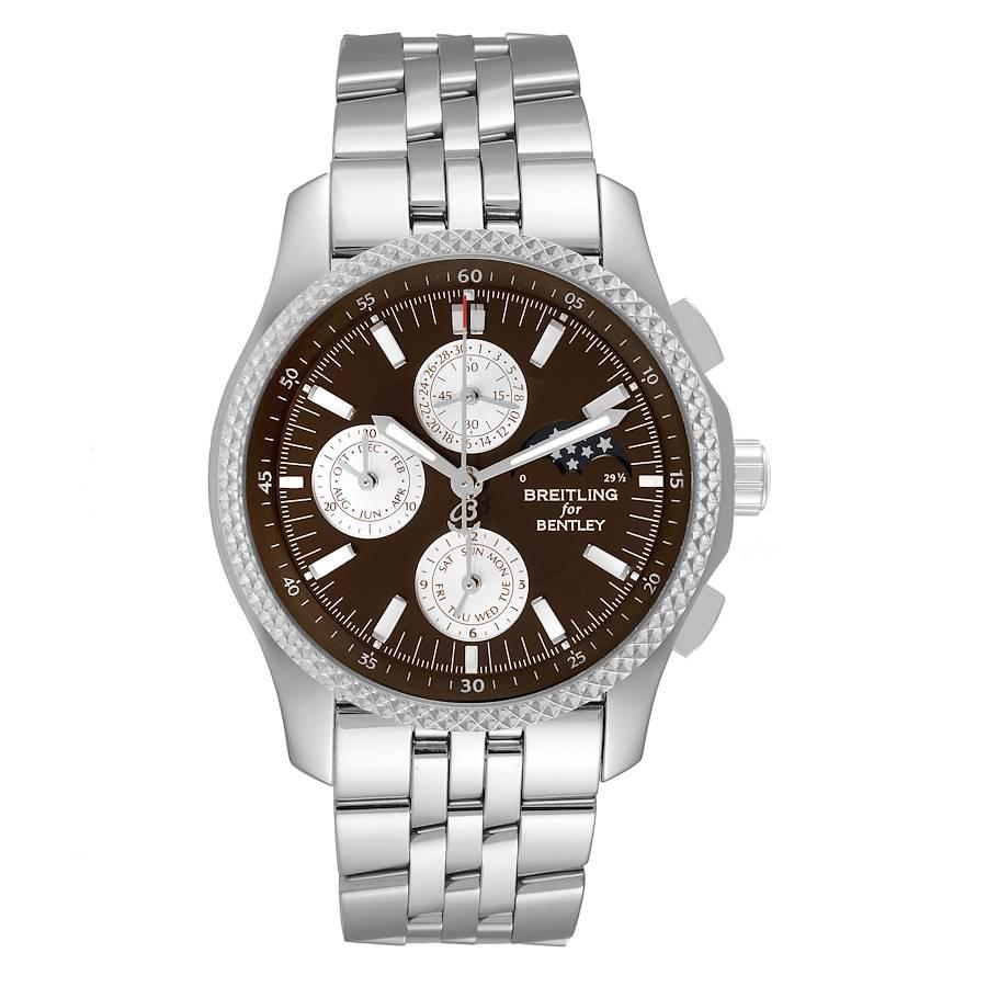 Breitling Bentley Mark VI Complications Steel Platinum Mens Watch P19362. Self-winding automatic officially certified chronometer movement. Chronograph function. Caliber 19B, rhodium-plated, 38 jewels, straight-line lever escapement, monometallic