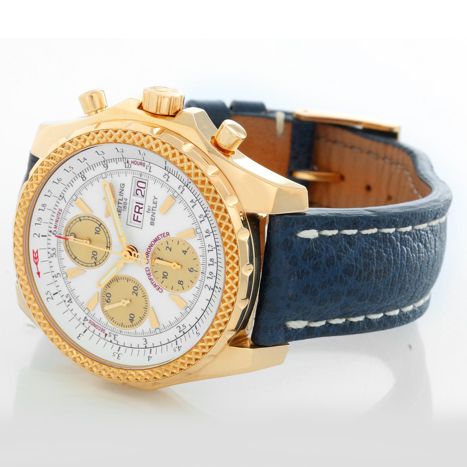 Breitling Bentley Men's 18k Yellow Gold Chronograph Watch K1336212 - Automatic winding chronograph with date. 18k yellow gold case with rotating bezel (50mm diameter). White dial ; gold stick markers; date; hour, minute and seconds recorders. Strap