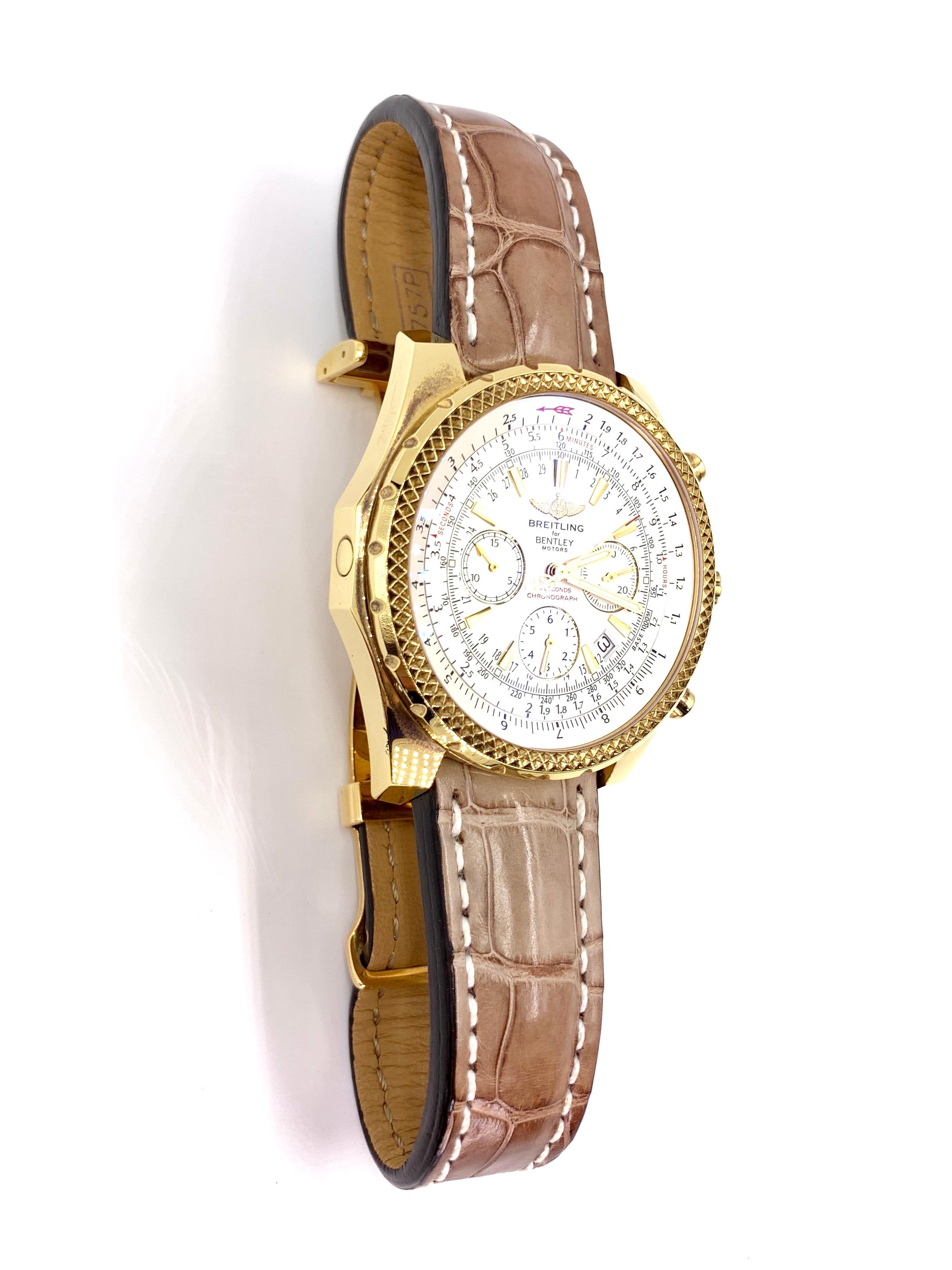 Breitling Bentley Motors self-winding automatic watch, featuring a 49mm 18 karat yellow gold case surrounding a silver dial on the original Breitling light brown croco strap with an 18k yellow gold deployment buckle. Functions include hours,