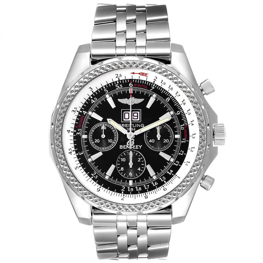 Breitling Bentley Motors Black Dial Chronograph Mens Watch A44362. Automatic self-winding officially certified chronometer movement. Chronograph function. Stainless steel case 48.7 mm in diameter. Stainless steel screwed-down crown. Screw down case