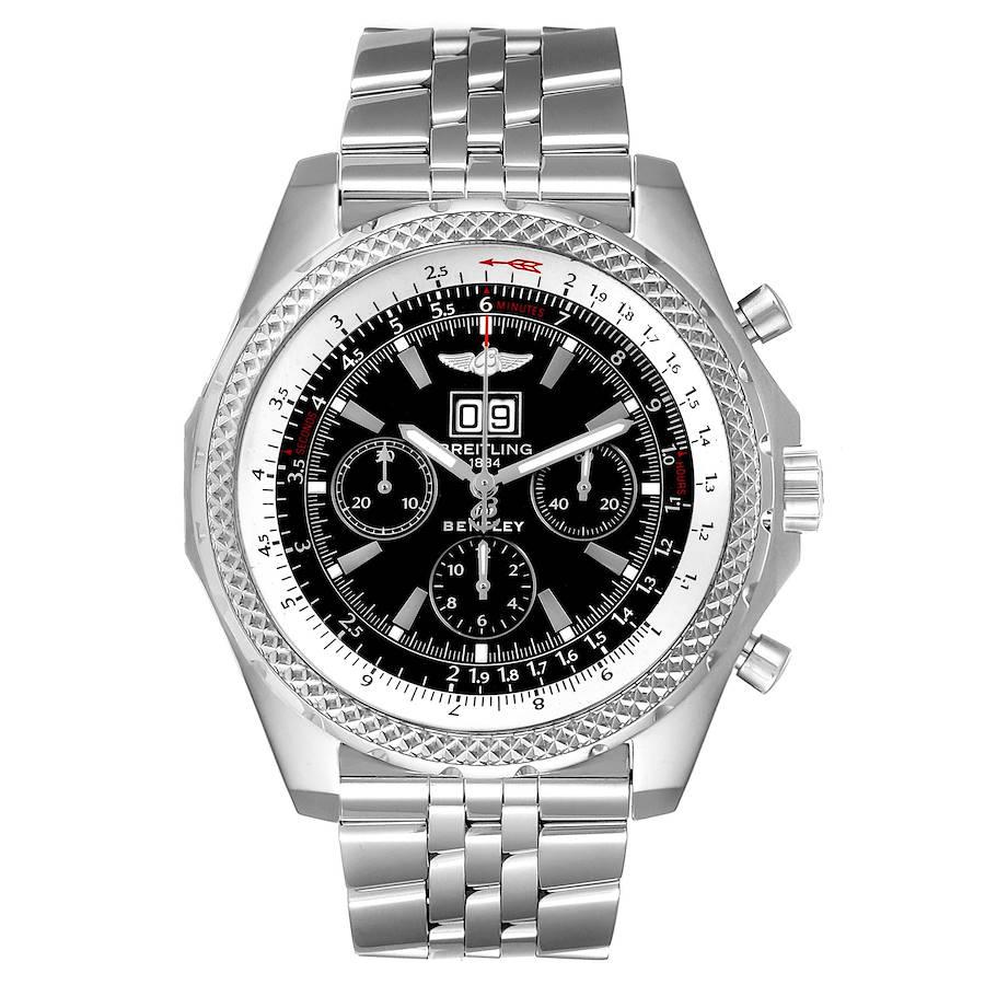 Breitling Bentley Motors Black Dial Chronograph Mens Watch A44362 Papers. Automatic self-winding officially certified chronometer movement. Chronograph function. Stainless steel case 48.7 mm in diameter. Stainless steel screwed-down crown. Screw
