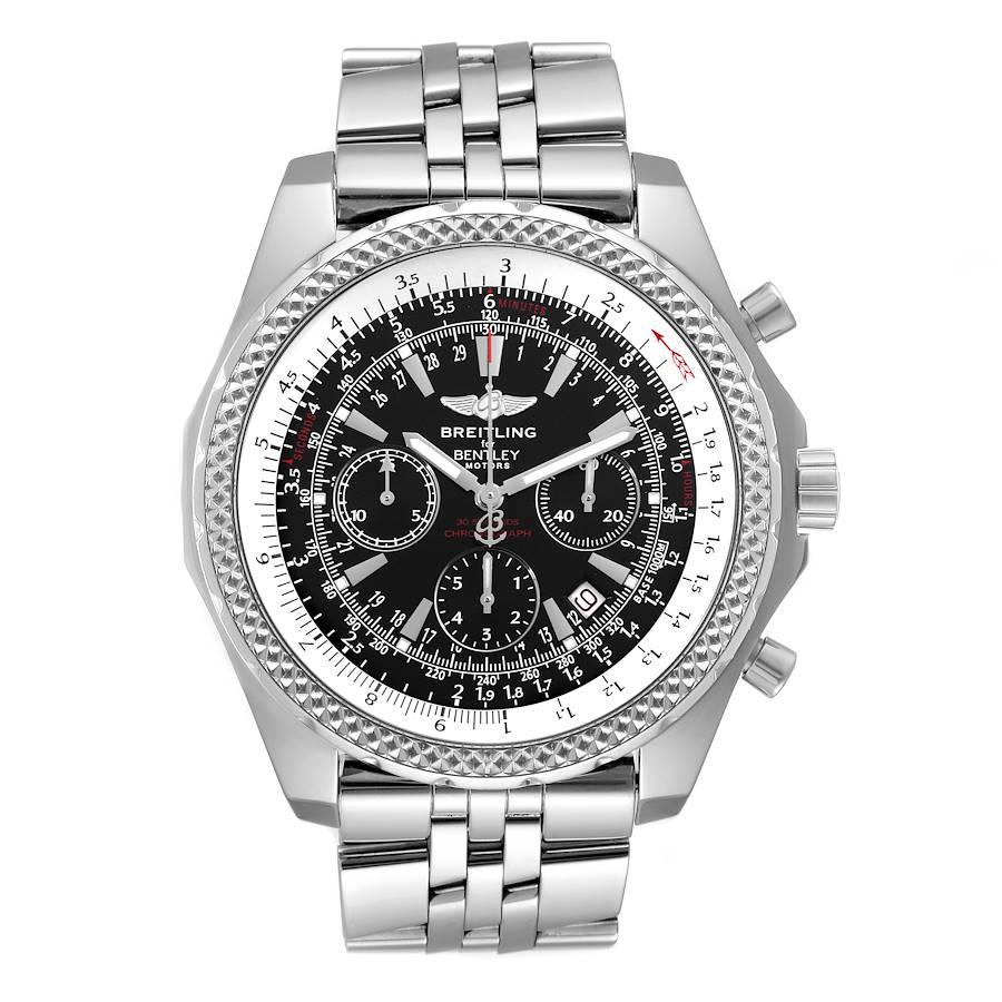 Breitling Bentley Motors Schwarzes Zifferblatt Chronograph Stahl Herrenuhr A25362 Papiere. Automatisches Chronometerwerk mit automatischem Aufzug, offiziell zertifiziert. Chronographen-Funktion. Gehäuse aus rostfreiem Stahl mit einem Durchmesser von