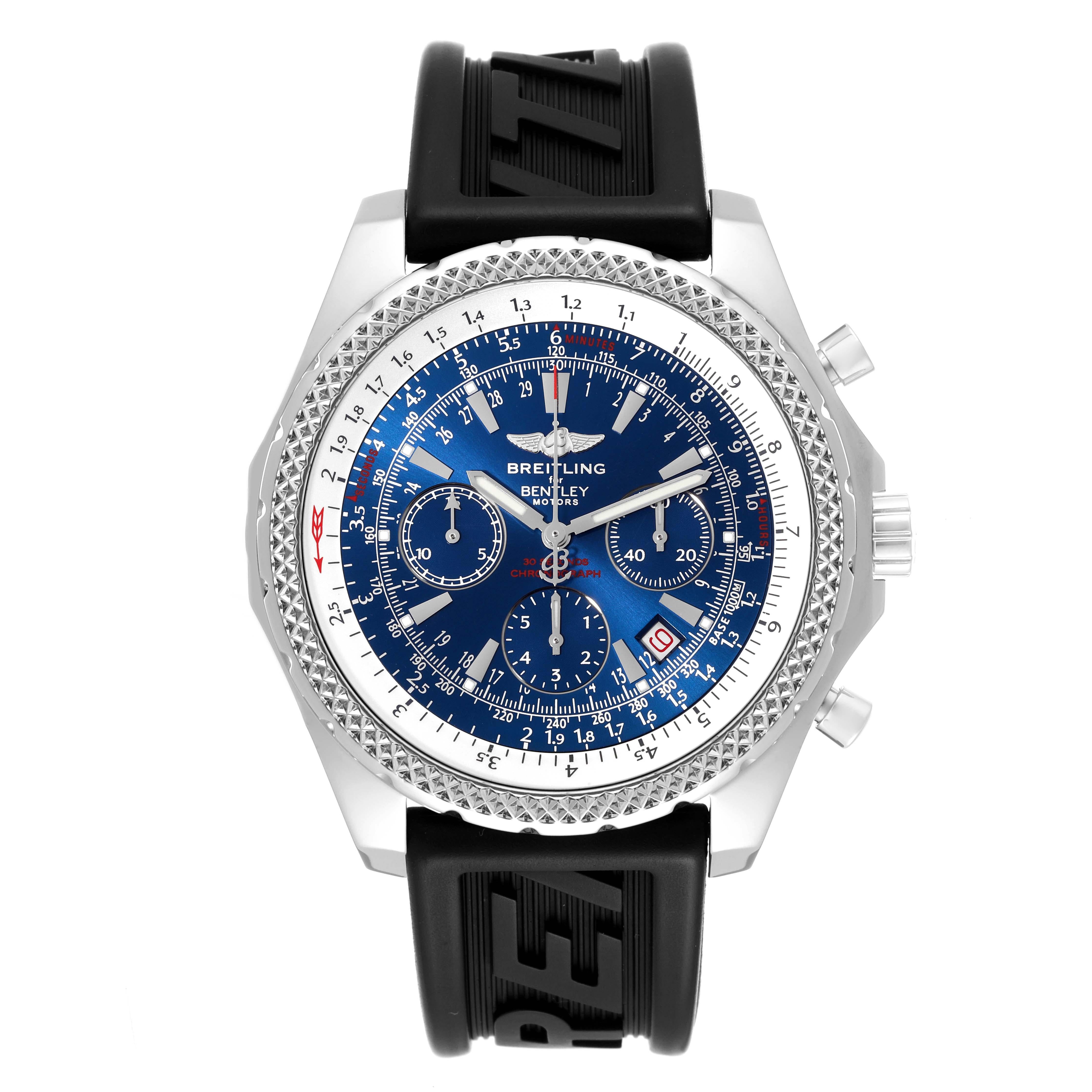 Breitling Bentley Motors Blue Dial Chronograph Steel Mens Watch A25362 Box Papers. Automatic self-winding officially certified chronometer movement. Chronograph function. Stainless steel case 49 mm in diameter. Stainless steel screwed-down crown and