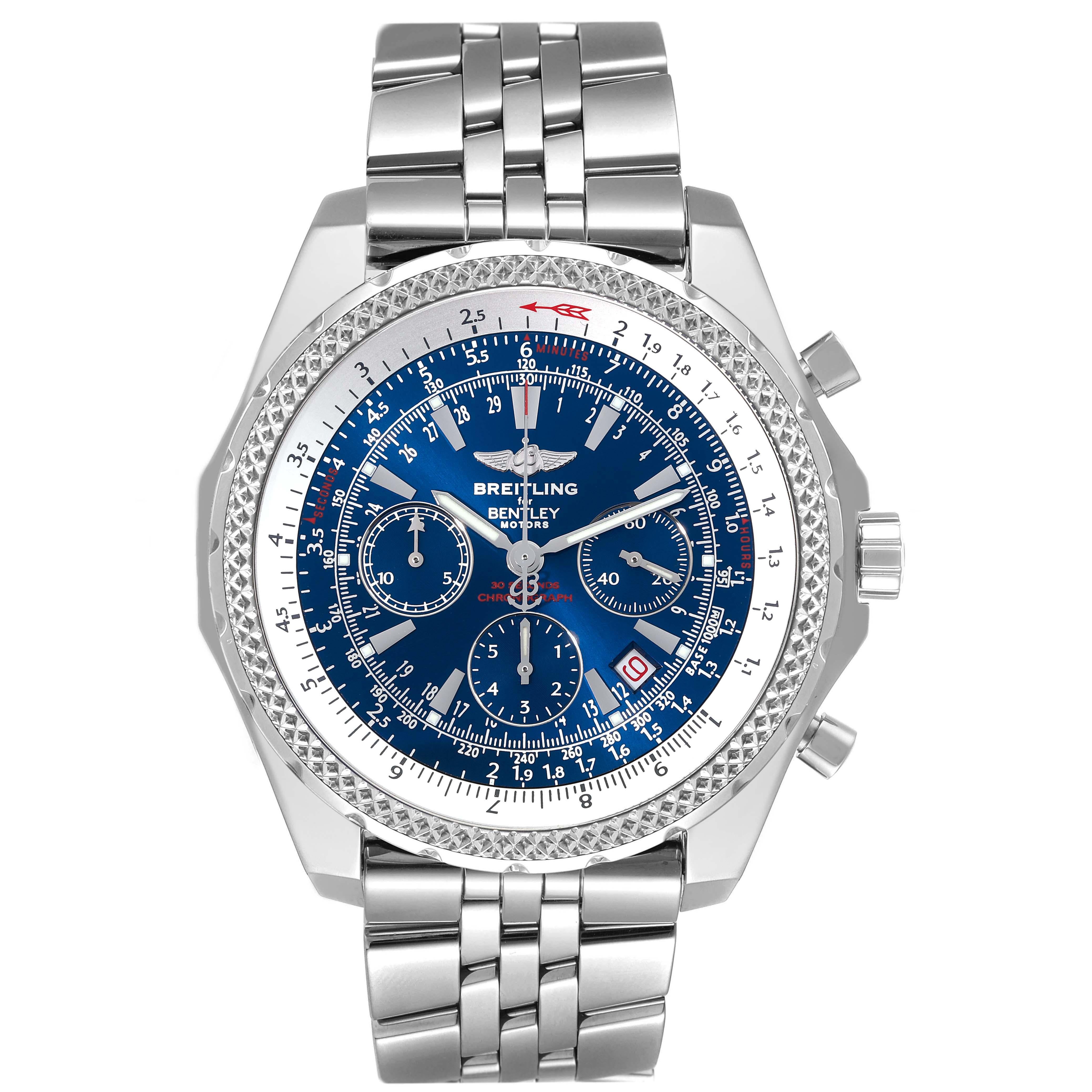 Breitling Bentley Motors Blue Dial Chronograph Steel Mens Watch A25362. Automatic self-winding officially certified chronometer movement. Chronograph function. Stainless steel case 49 mm in diameter. Stainless steel screwed-down crown and pushers.