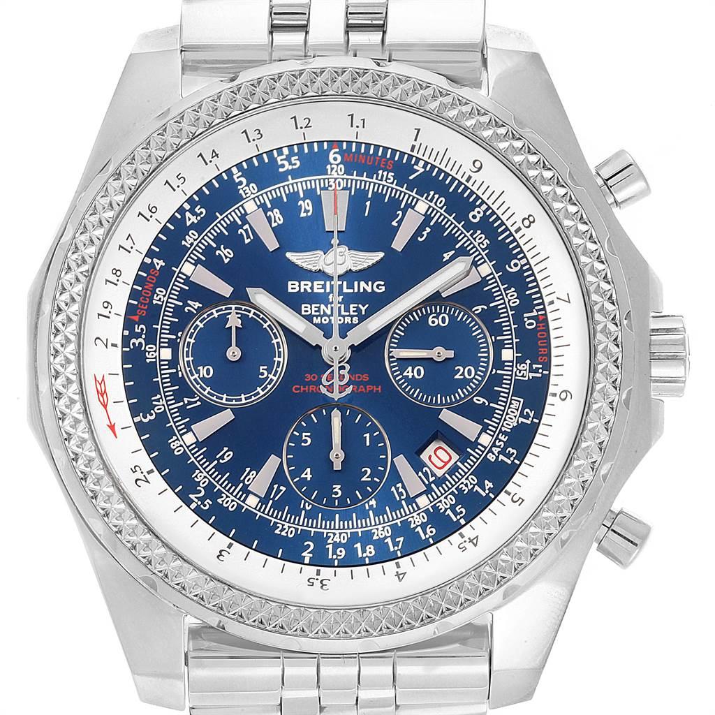 Breitling Bentley Motors Blue Dial Chronograph Watch A25362 Box. Automatic self-winding officially certified chronometer movement. Chronograph function. Stainless steel case 49 mm in diameter. Stainless steel screwed-down crown and pushers. Screw