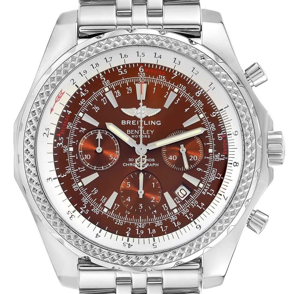 Breitling Bentley Motors Bronze Dial Chronograph Steel Mens Watch A25362. Automatic self-winding officially certified chronometer movement. Chronograph function. Stainless steel case 49 mm in diameter. Stainless steel screwed-down crown and pushers.