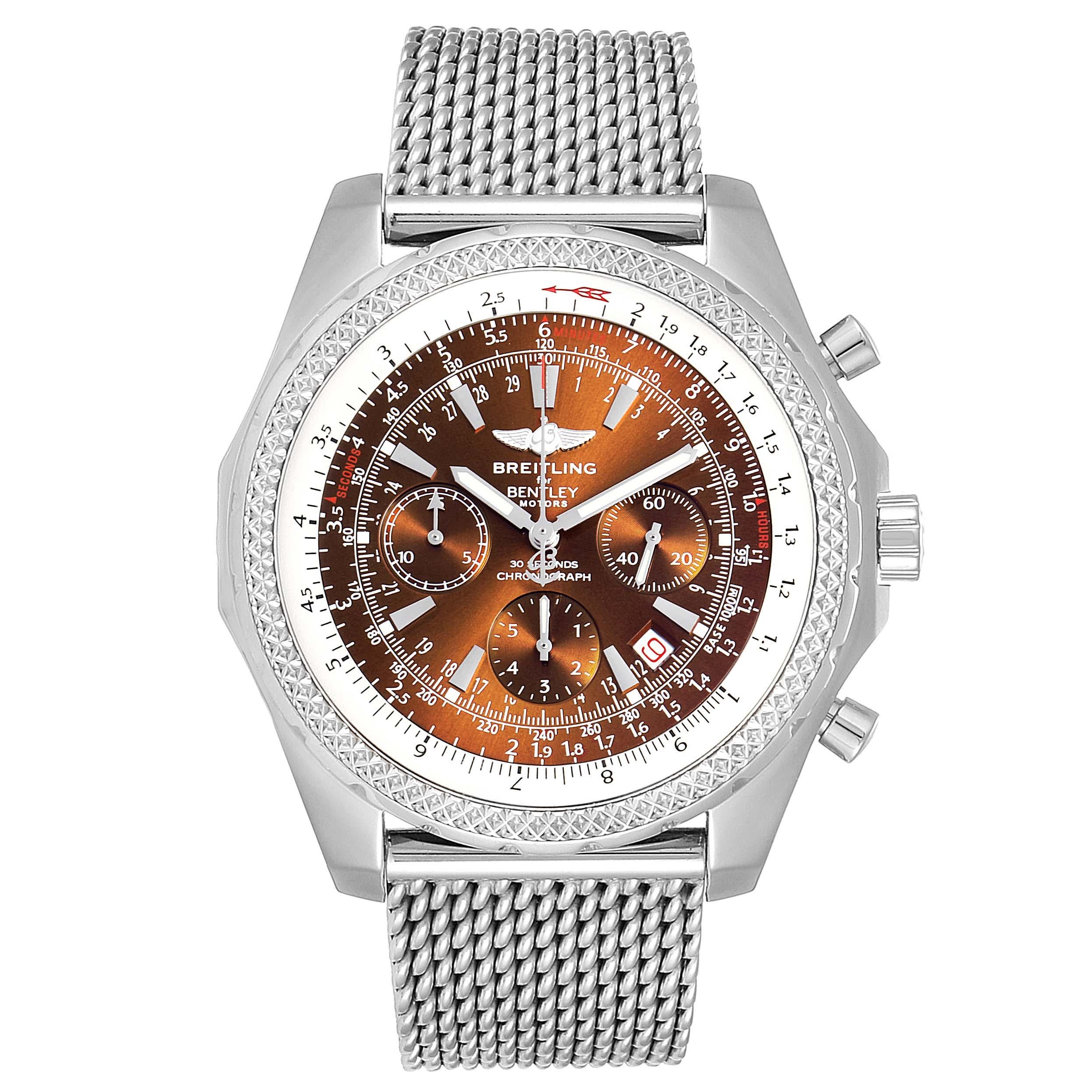 Breitling Bentley Motors Bronze Dial Steel Mens Watch A25362 Box Papers. Automatic self-winding officially certified chronometer movement. Chronograph function. Stainless steel case 49 mm in diameter. Stainless steel screwed-down crown and pushers.