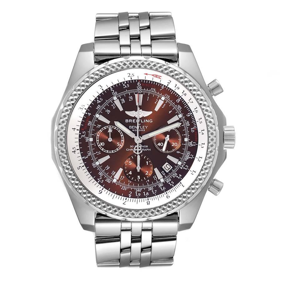 Breitling Bentley Motors Bronze Dial Steel Mens Watch A25362. Automatic self-winding officially certified chronometer movement. Chronograph function. Stainless steel case 49 mm in diameter. Stainless steel screwed-down crown and pushers. Screw down