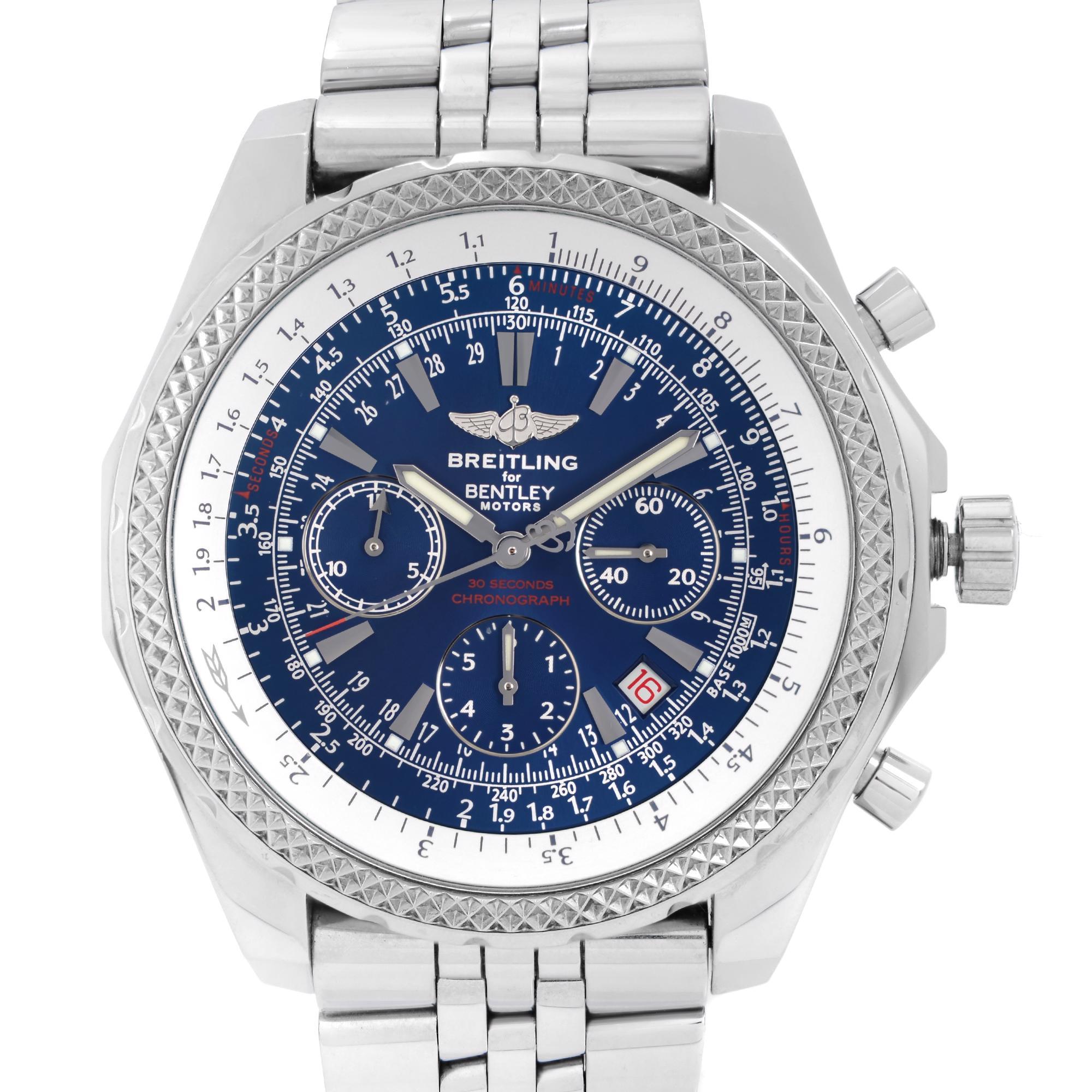 Pre-owned Breitling Bentley Motors Chronograph Stainless Steel Blue Dial Automatic Watch A2536212.C618. This Beautiful Timepiece is Powered by an Automatic Movement and Features: Stainless Steel Case & Bracelet Bidirectional Rotating Stainless Steel