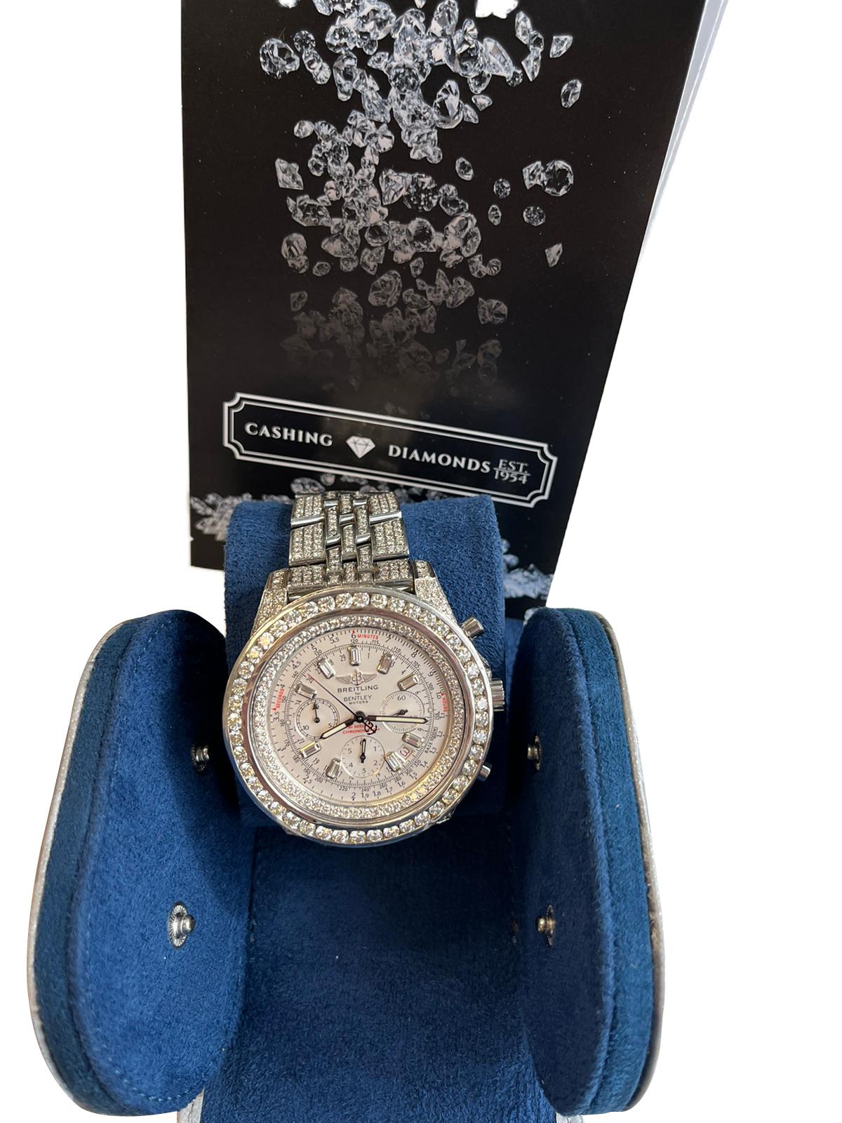 Iced Out Breitling Bentley A4436412 Custom Diamond Watch, An exquisite geometric design. Some of its characteristics include a multi-link bracelet secured by a folding clasp, a stunning rectangular case flanked by sleek chronograph pushers, recessed