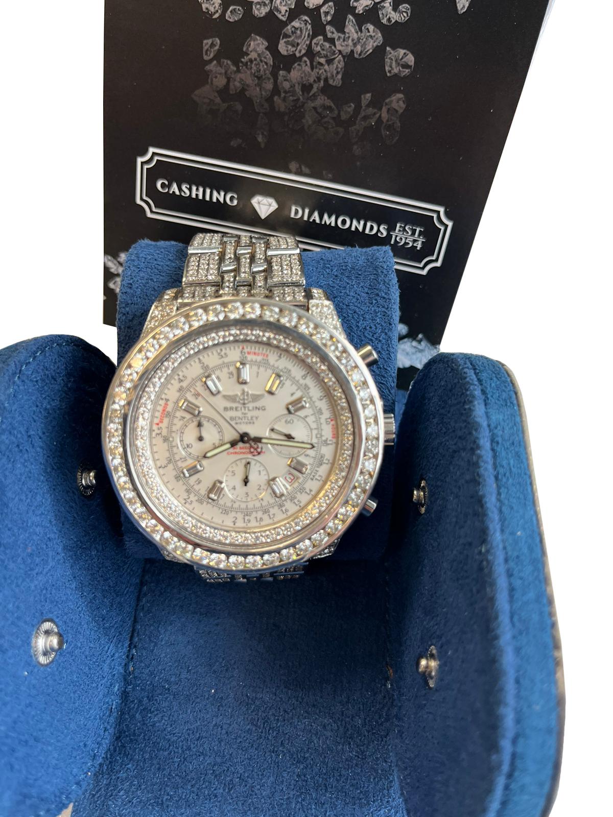 Modernist Breitling Bentley Motors Chronograph Steel Custom Natural Diamond Watch A4436412