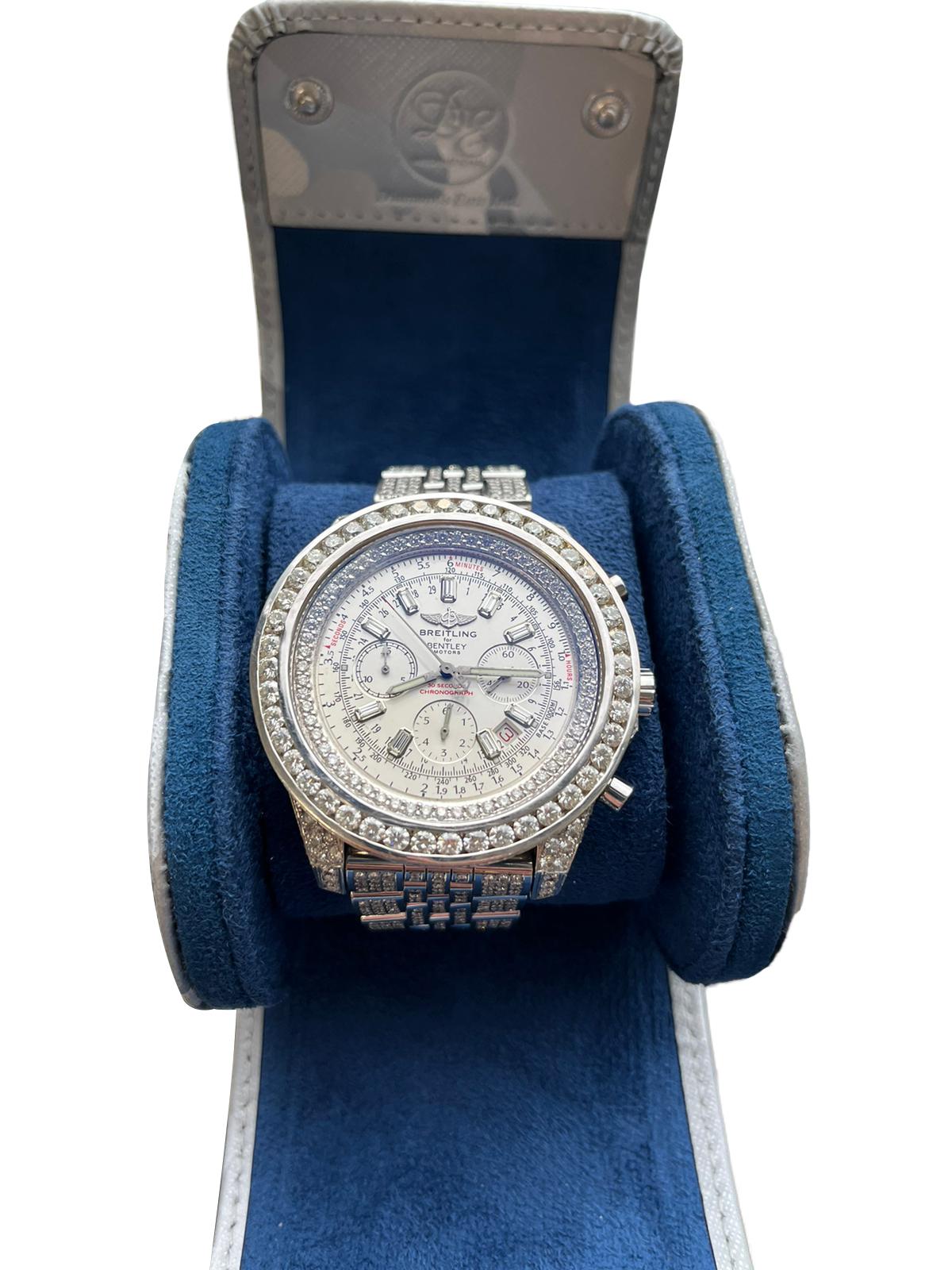 Round Cut Breitling Bentley Motors Chronograph Steel Custom Natural Diamond Watch A4436412